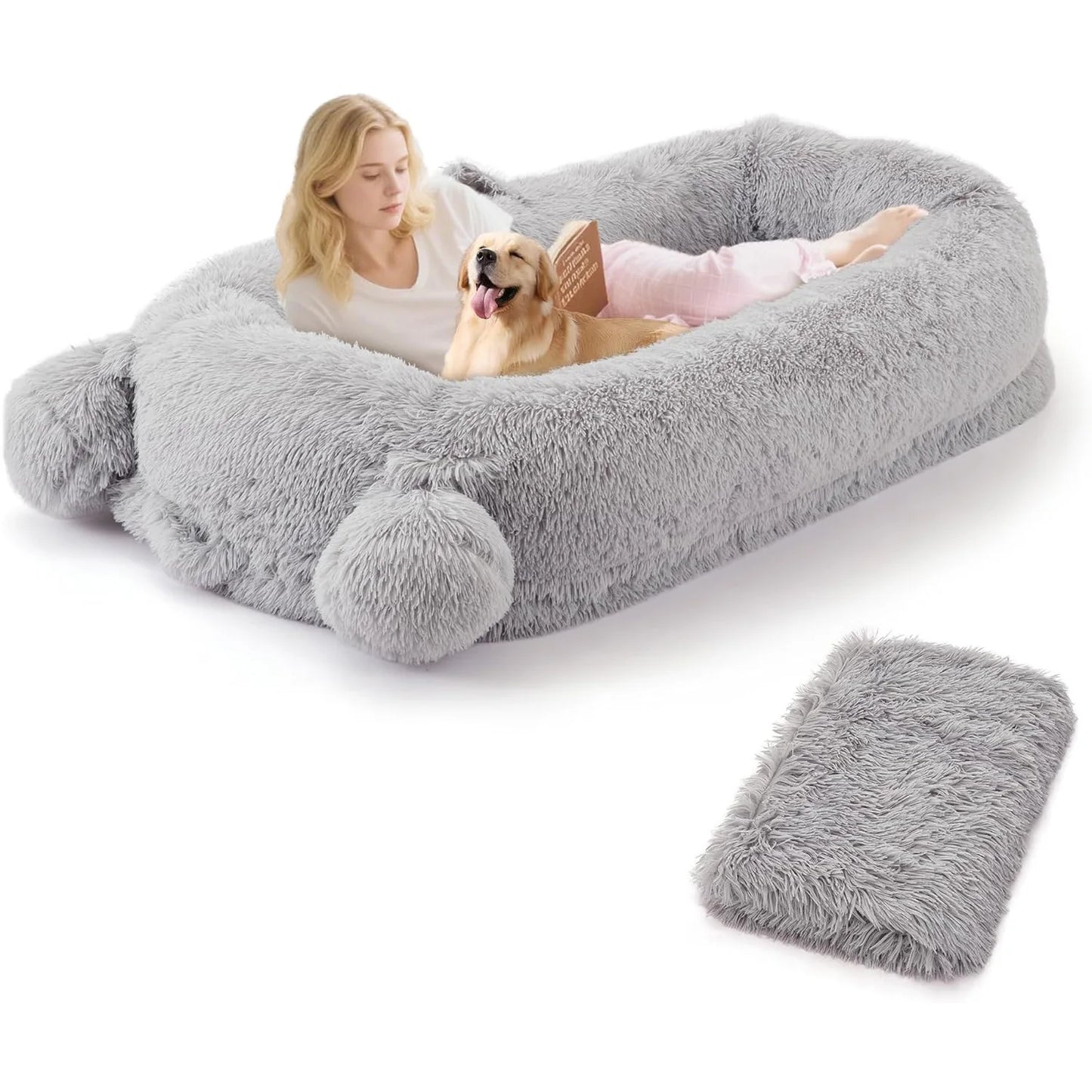 HiMISSCN Human Dog Bed With Removable Cover Pockets And Blanket