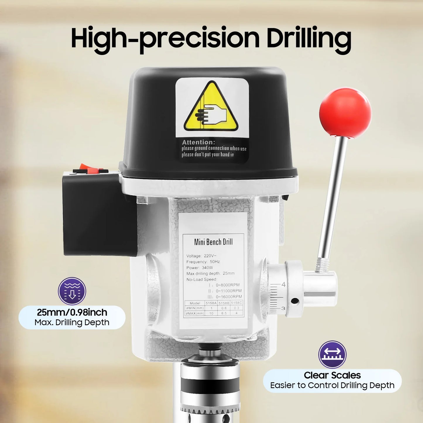 340W Mini Bench Drill Press With 3 Speed Adjustable Corded