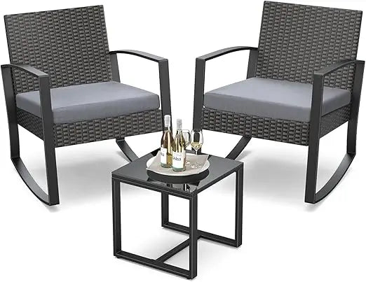 3 Piece Patio Furniture Set Rocking Bistro Outdoor Rattan With Coffee Table