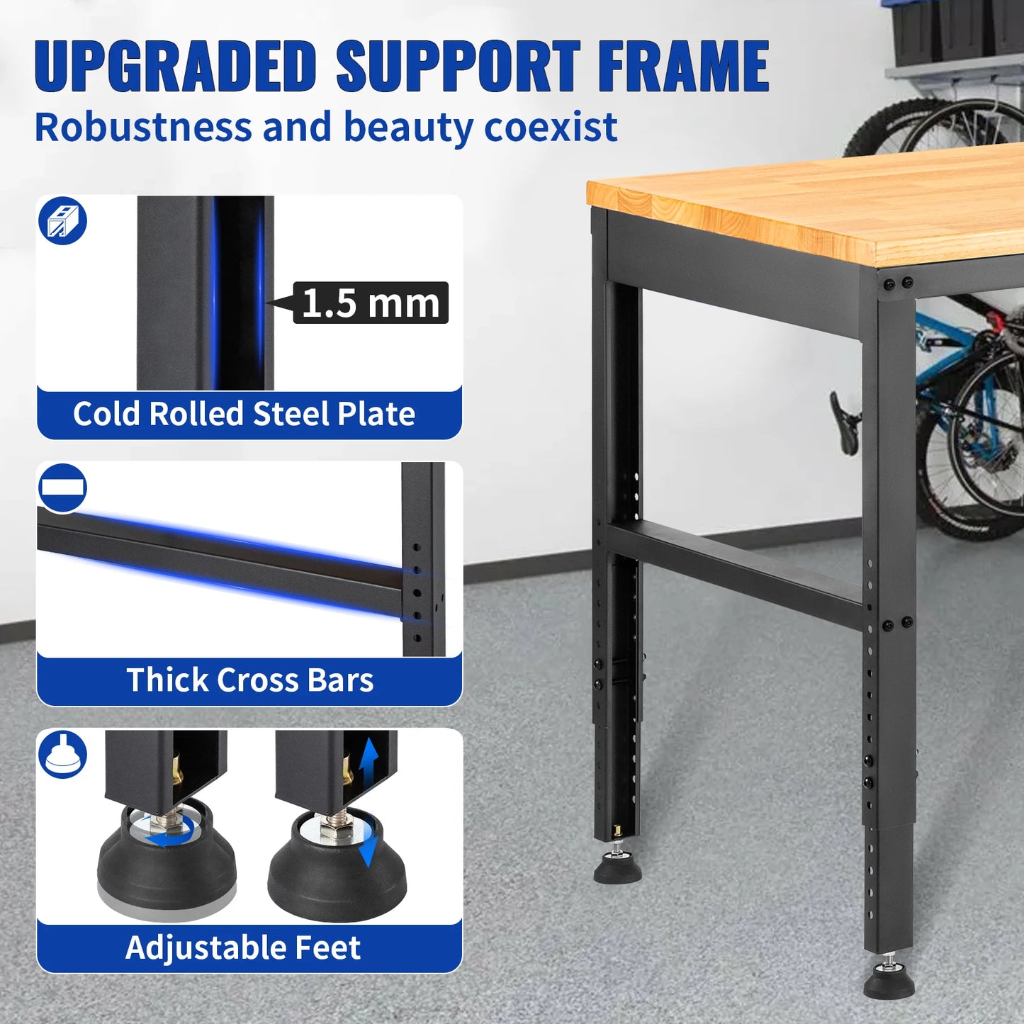 Woodworking Workbench With Adjustable Height Oak Wood Top