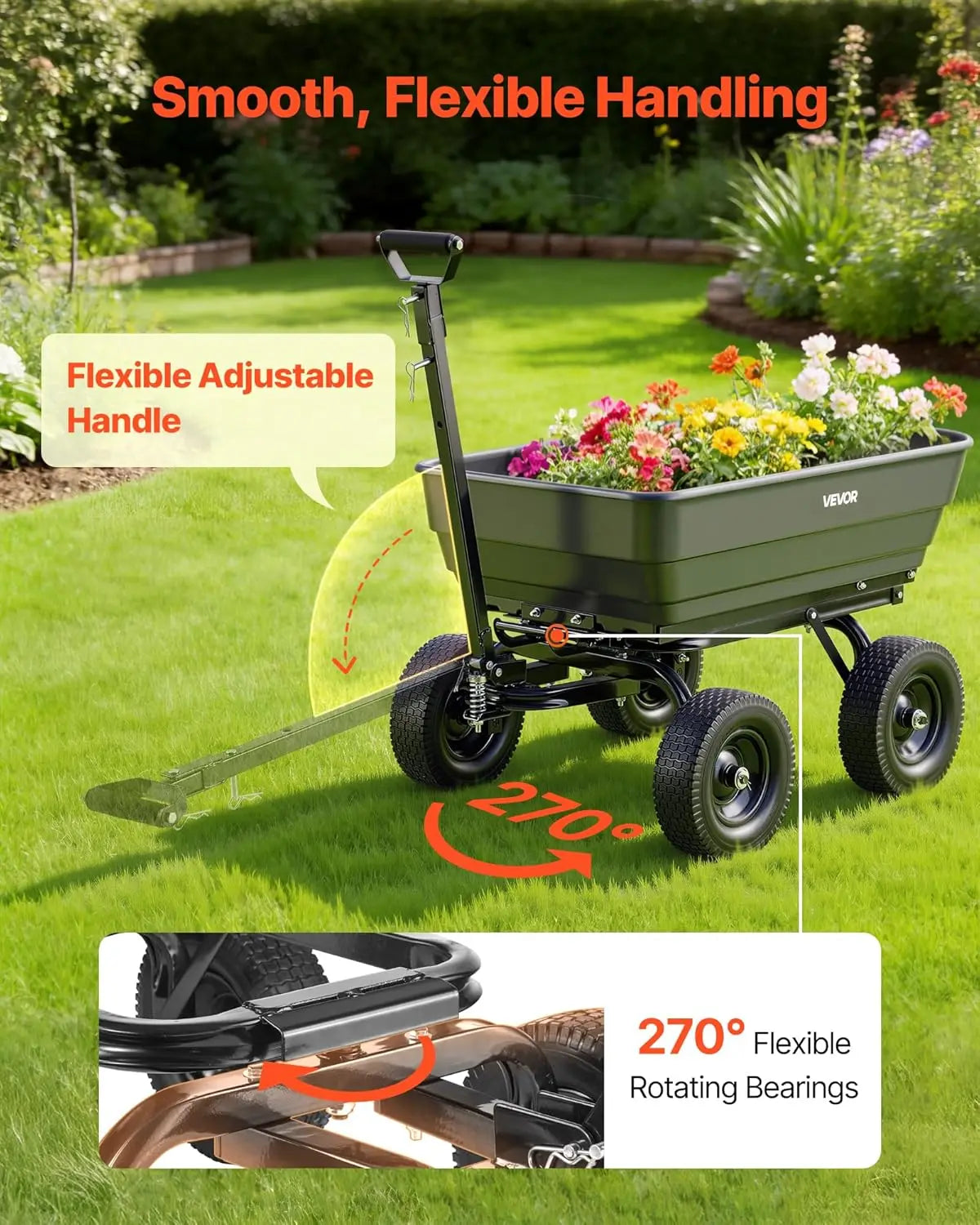 Poly Garden Cart Dump Wagon With 2-In-1 Convertible Handle
