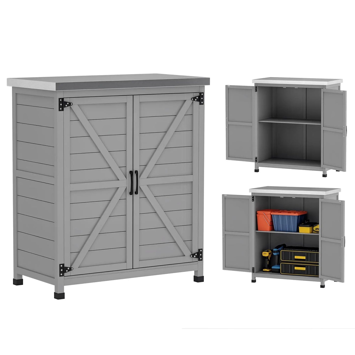 Outdoor Storage Cabinet With Wooden Tabletop And Shelves