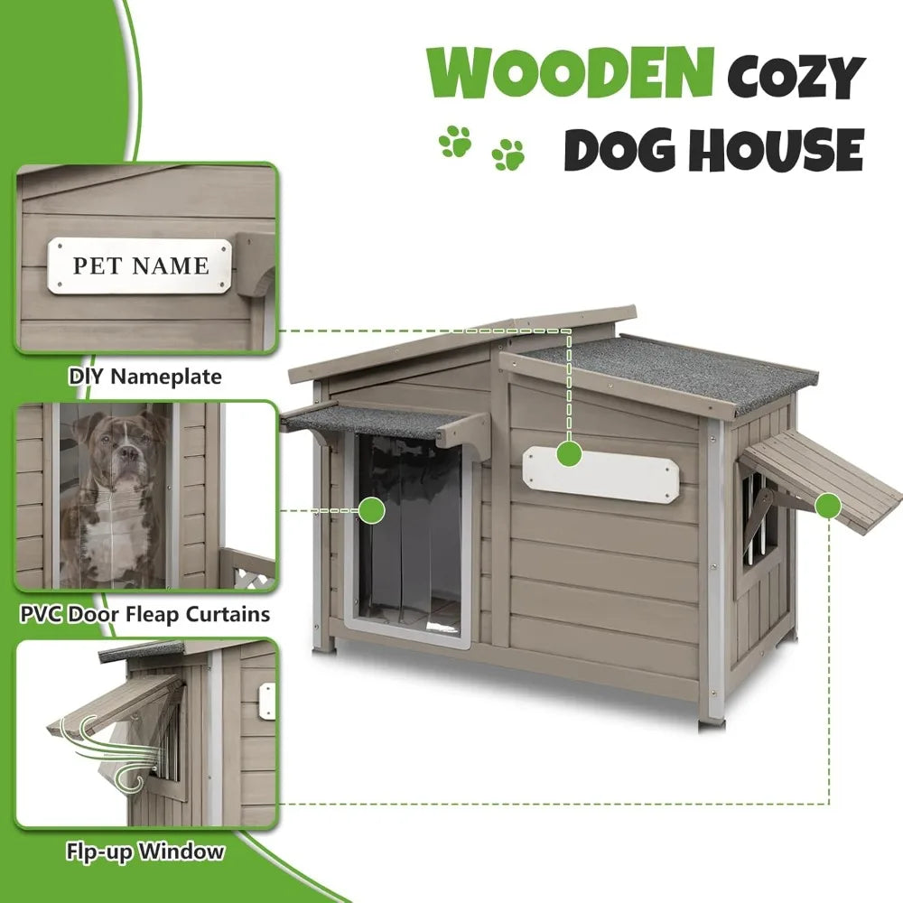 Outdoor Wooden Dog House Weatherproof With Adjustable Vent Windows