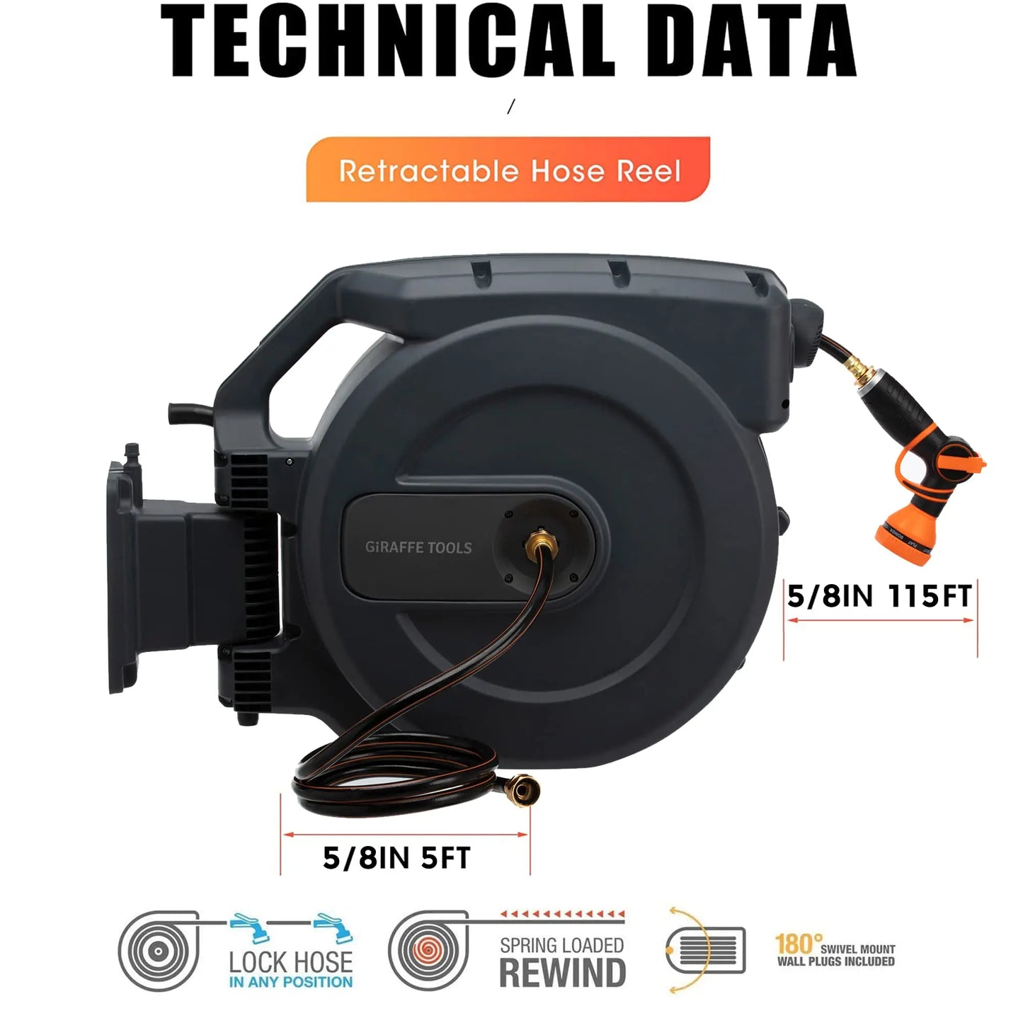Giraffe Tools Retractable Garden Hose Reel Wall Mount