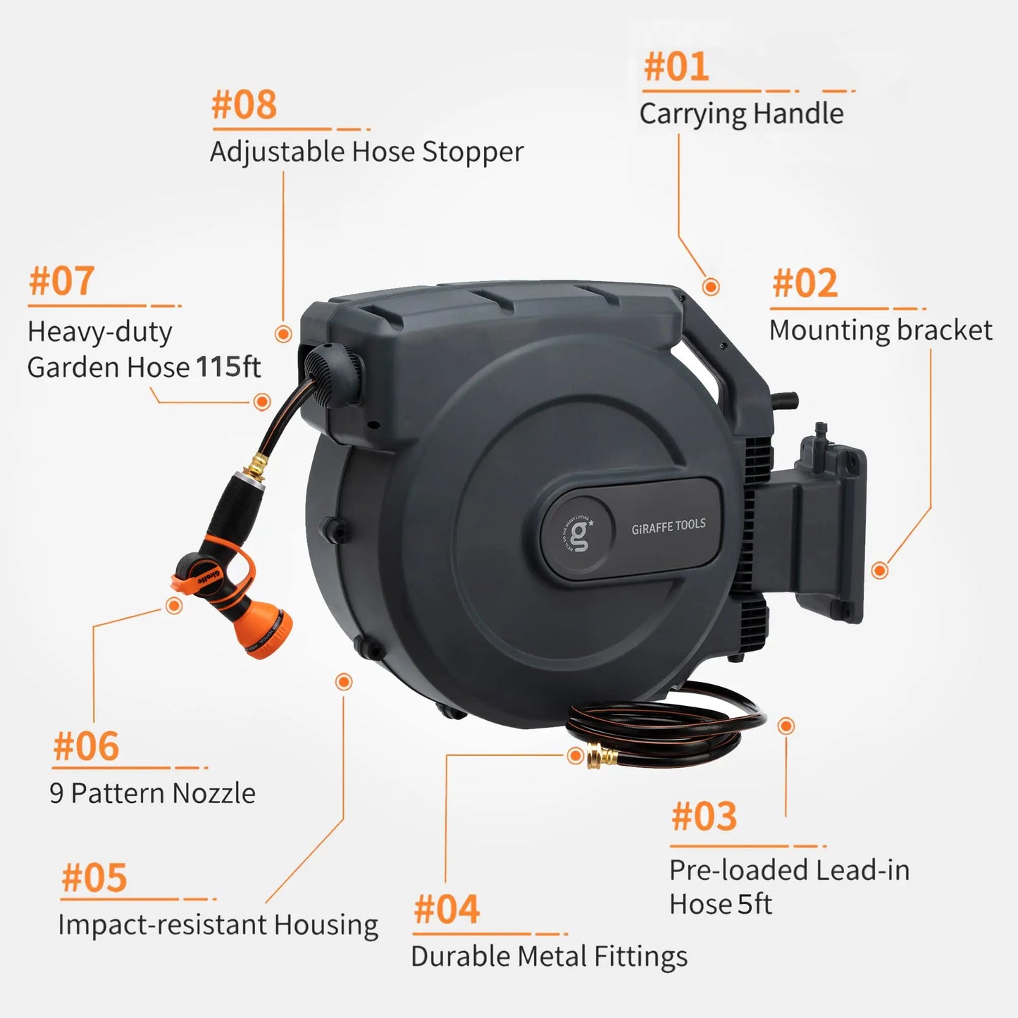 Giraffe Tools Retractable Garden Hose Reel Wall Mount