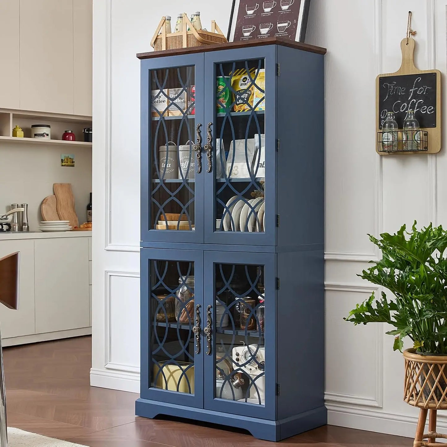 HUANZHUANG Set of 2 Wood Pantry Cabinets With Glass Doors