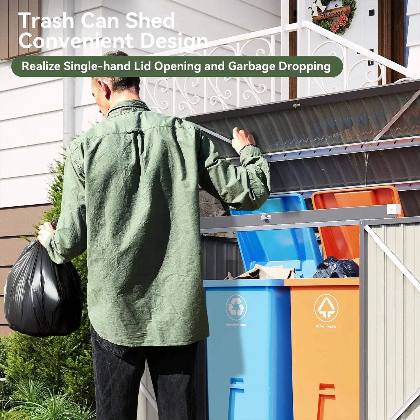 Metal Outdoor Storage Shed With Chain Lid For 2 Bins