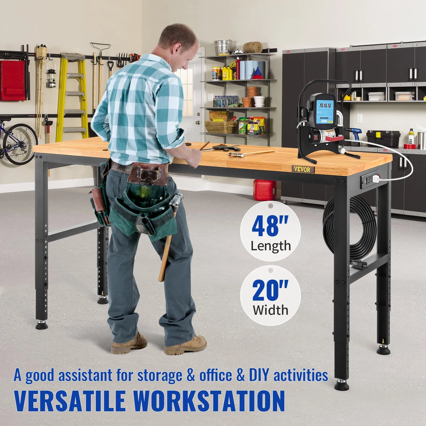 Woodworking Workbench With Adjustable Height Oak Wood Top