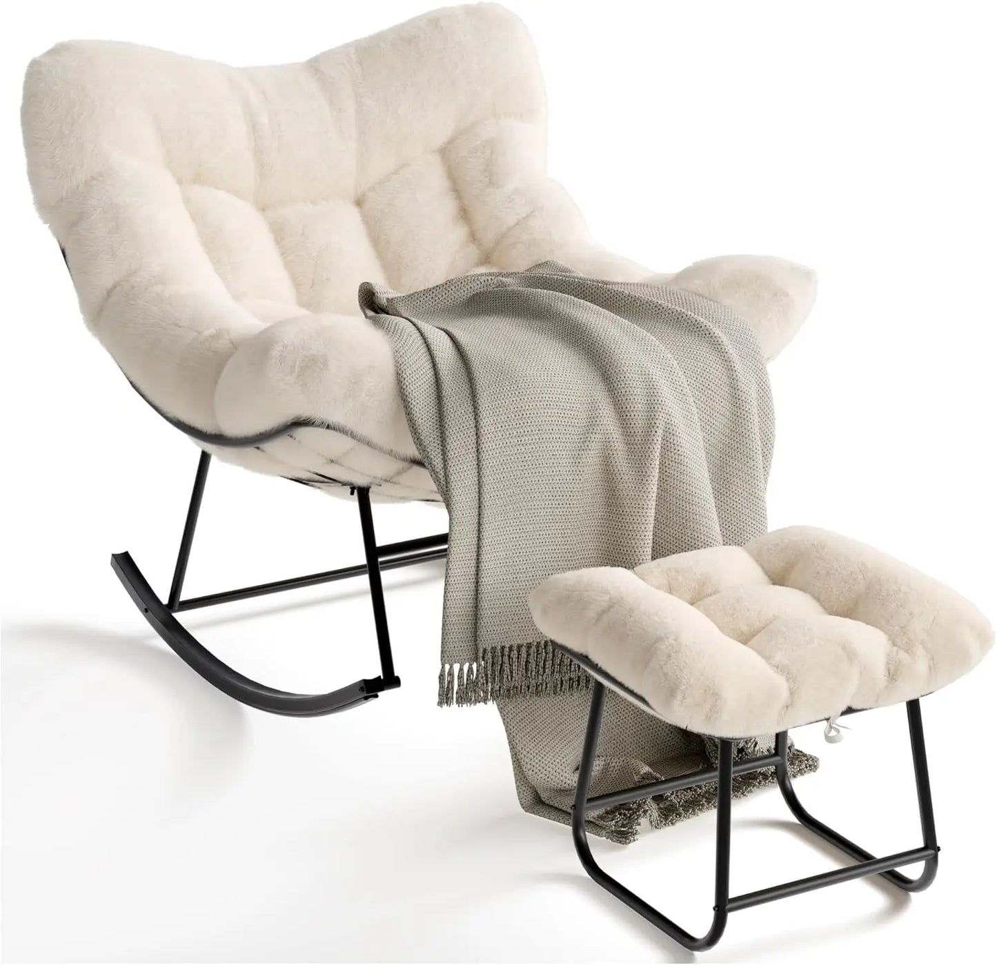 Outdoor Oversized Papasan Rocking Chair with Footrest, Patio Lounge Chair Rattan Egg Rocker for Balcony Backyard Porch Bedroom
