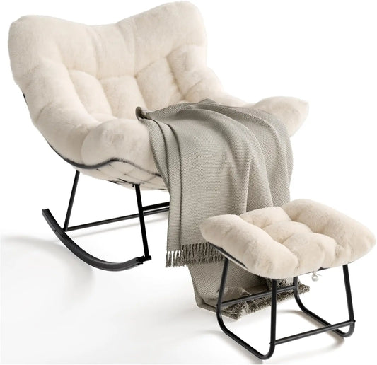 Outdoor Oversized Papasan Rocking Chair with Footrest, Patio Lounge Chair Rattan Egg Rocker for Balcony Backyard Porch Bedroom