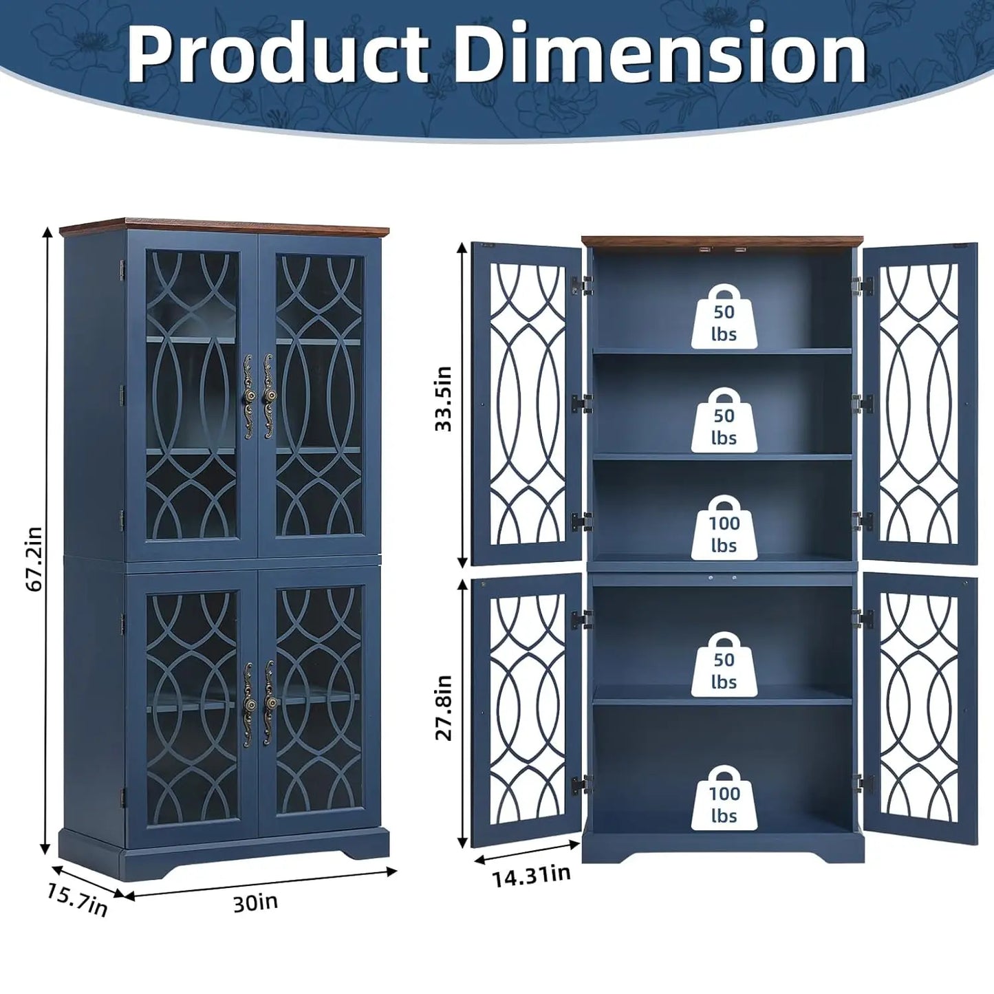 HUANZHUANG Set of 2 Wood Pantry Cabinets With Glass Doors