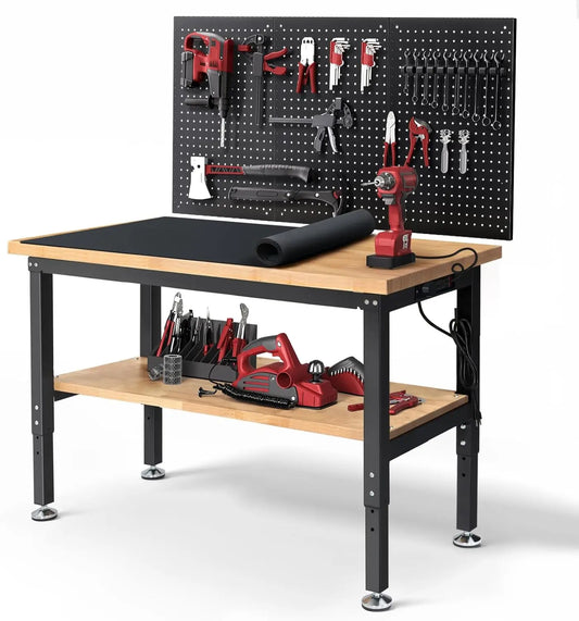 Adjustable Height Workbench With Storage, Power Outlets, And Pegboard