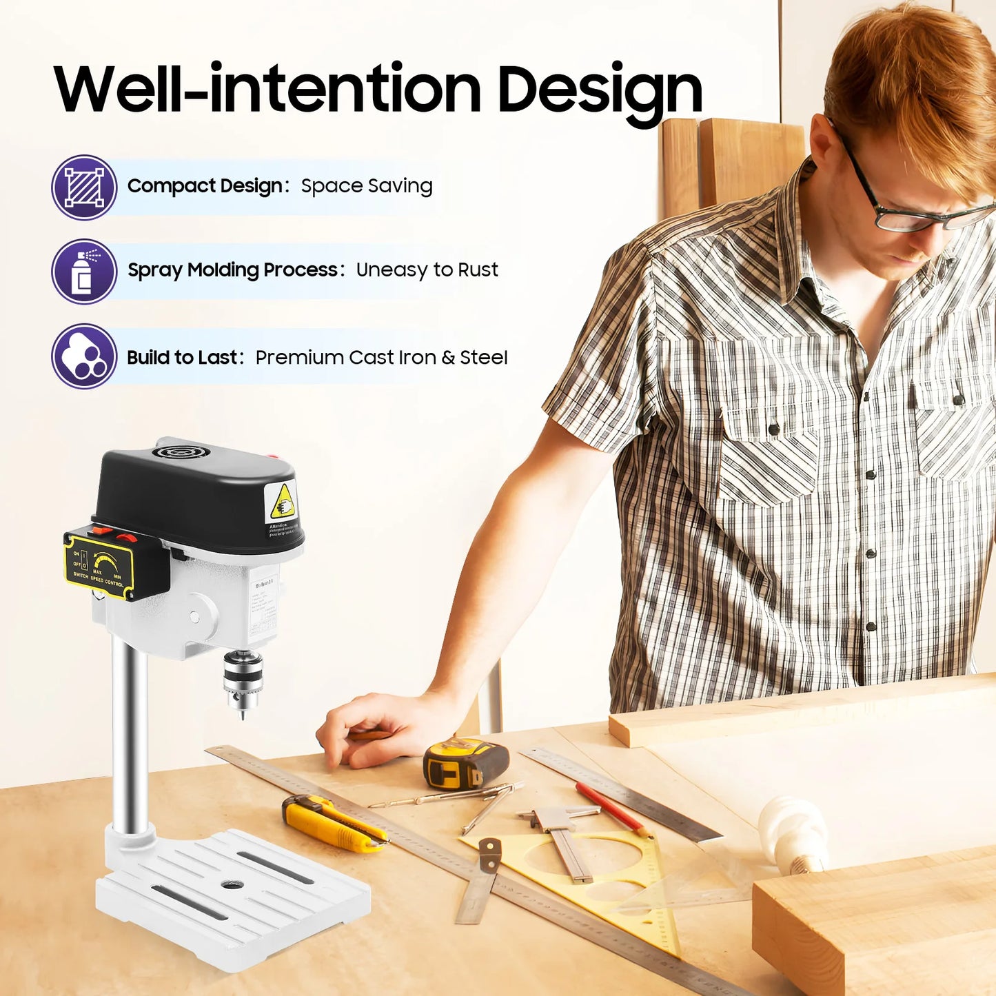 340W Mini Bench Drill Press With 3 Speed Adjustable Corded