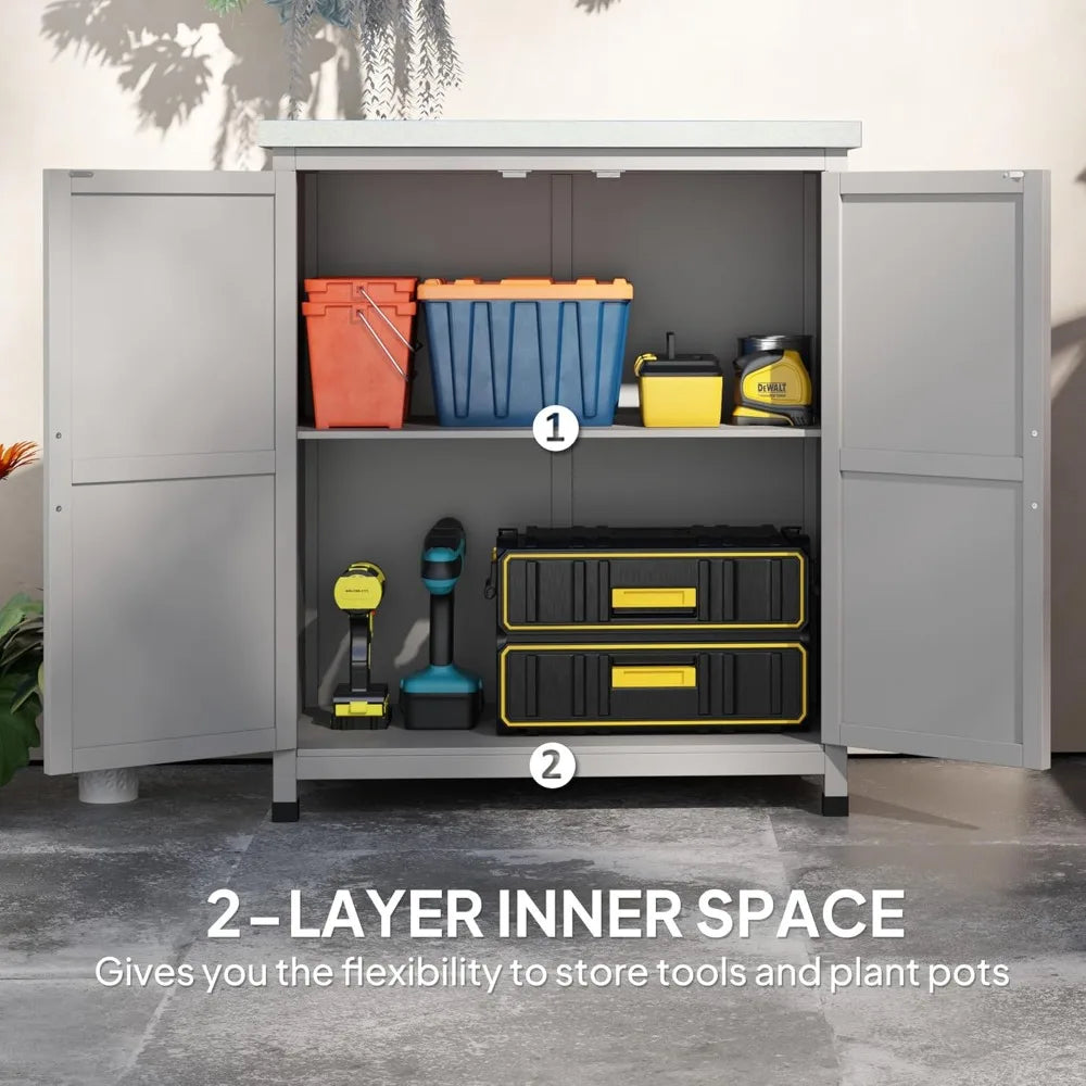Outdoor Storage Cabinet With Wooden Tabletop And Shelves