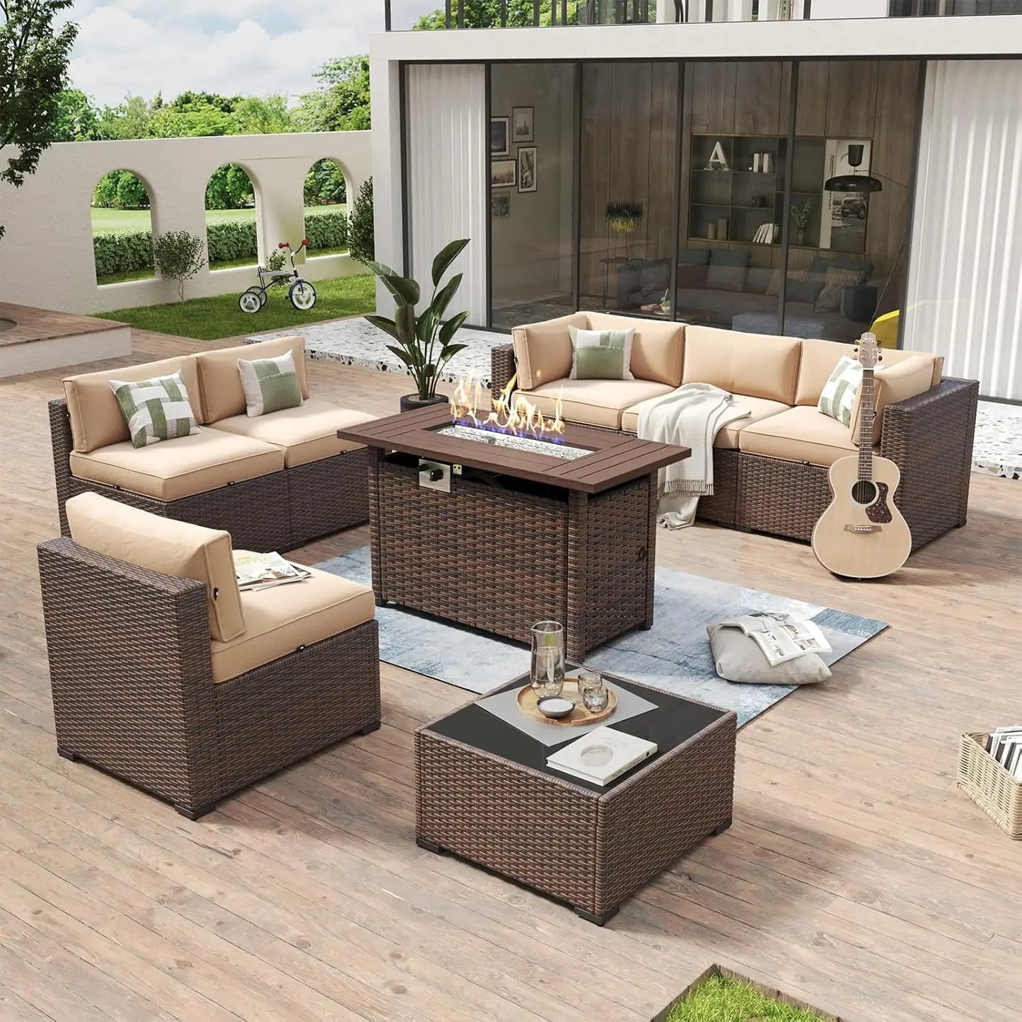 Patio Furniture Set With Fire Pit Table And Coffee Table