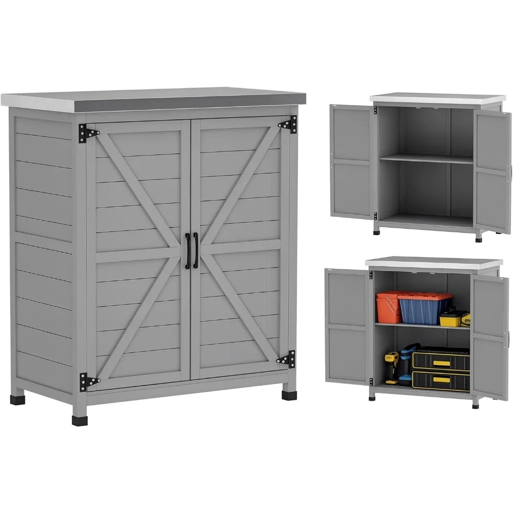 Outdoor Storage Cabinet With Wooden Tabletop And Shelves