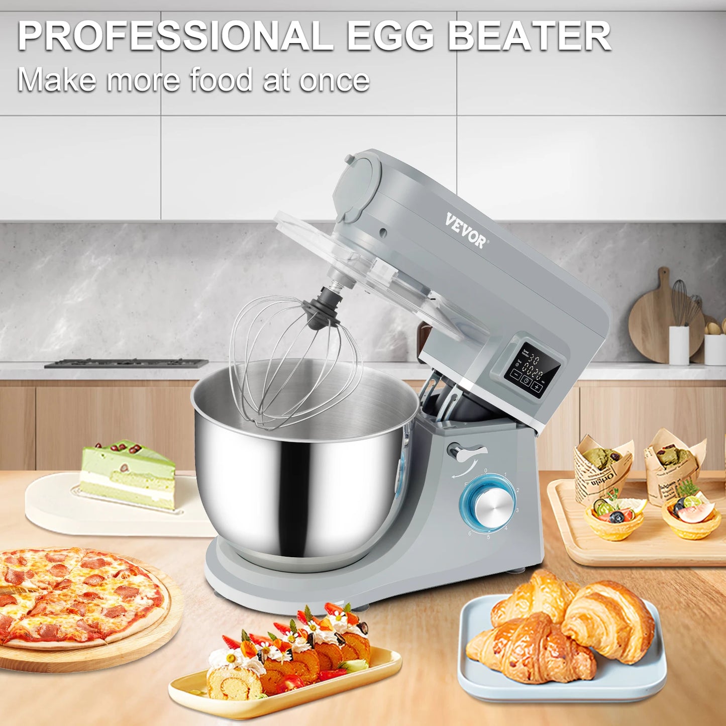 SucceBuy 5 IN 1 Stand Mixer Multifunctional Electric Mixer with 6 Speeds LCD Screen Timing 7.4 Qt Stainless Bowl Dough Hook