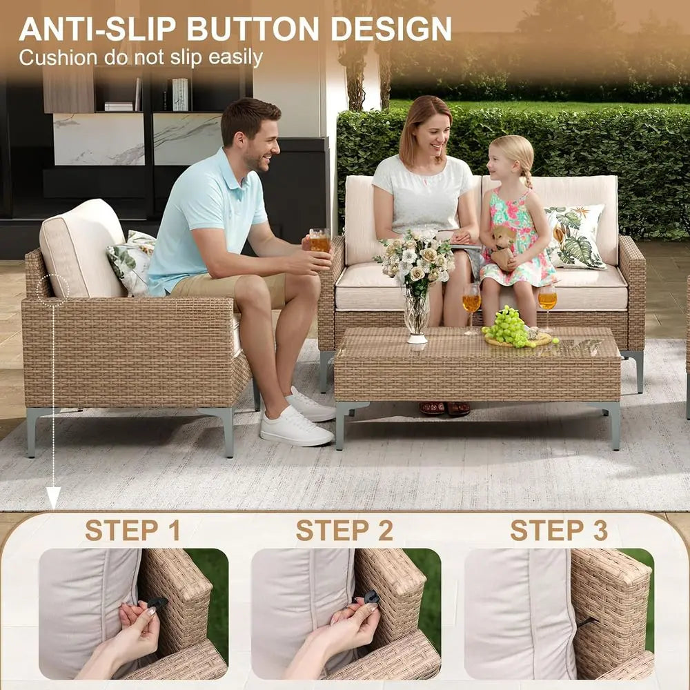 All-Weather Wicker Patio Sectional Set With Glass Table Cushions