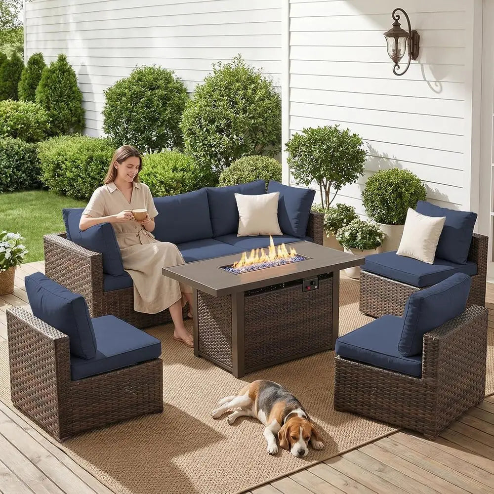Outdoor Patio Sectional Sofa Set With Wicker Table