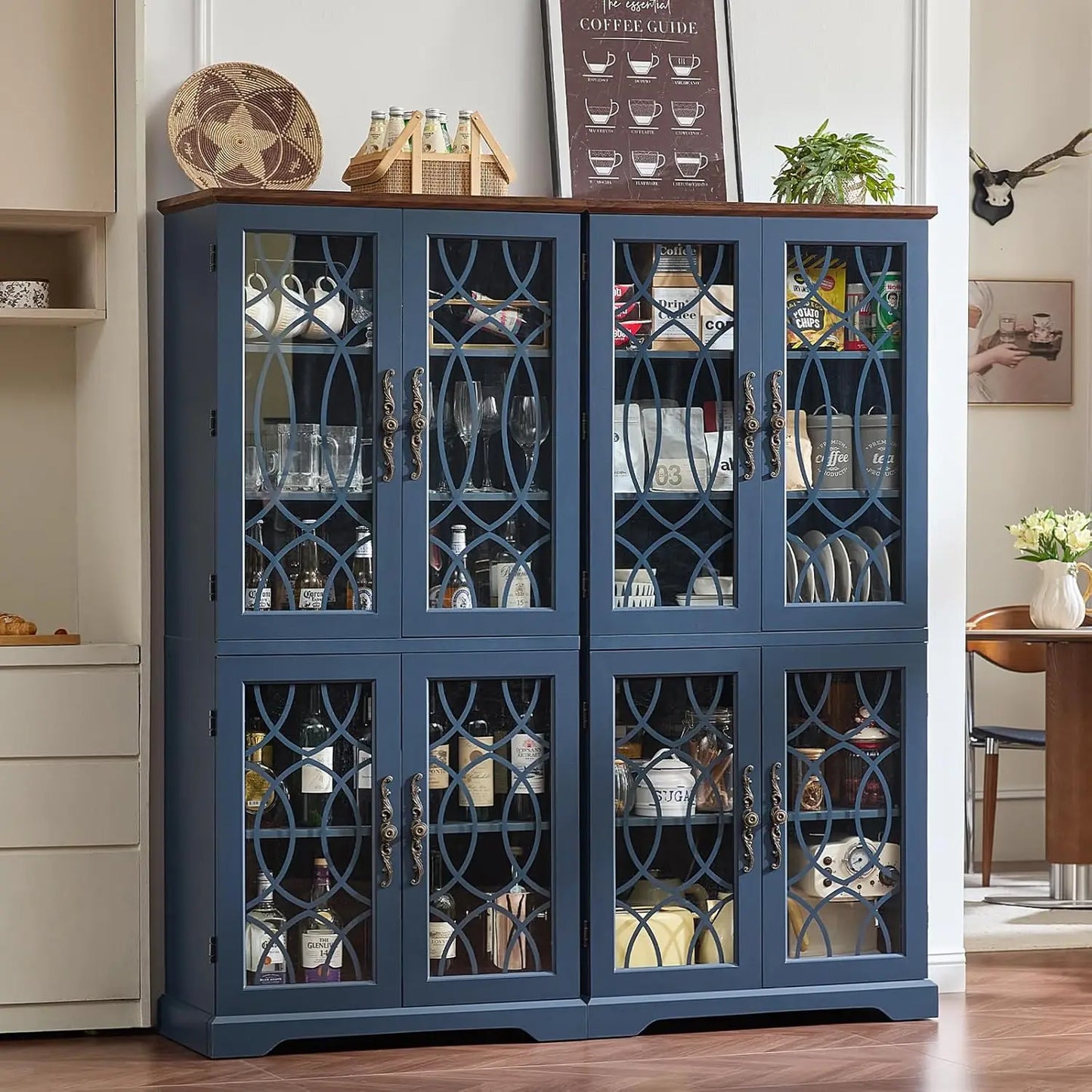 HUANZHUANG Set of 2 Wood Pantry Cabinets With Glass Doors
