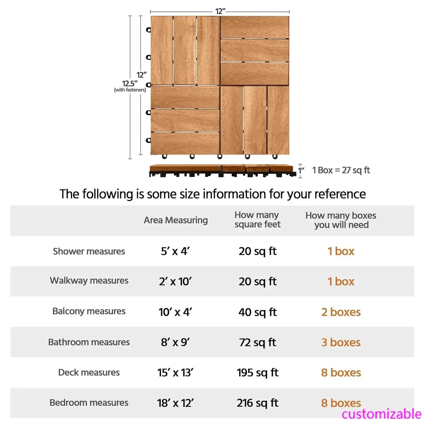 XMSJ Acacia Hardwood Interlocking Deck Tiles for Patio Poolside
