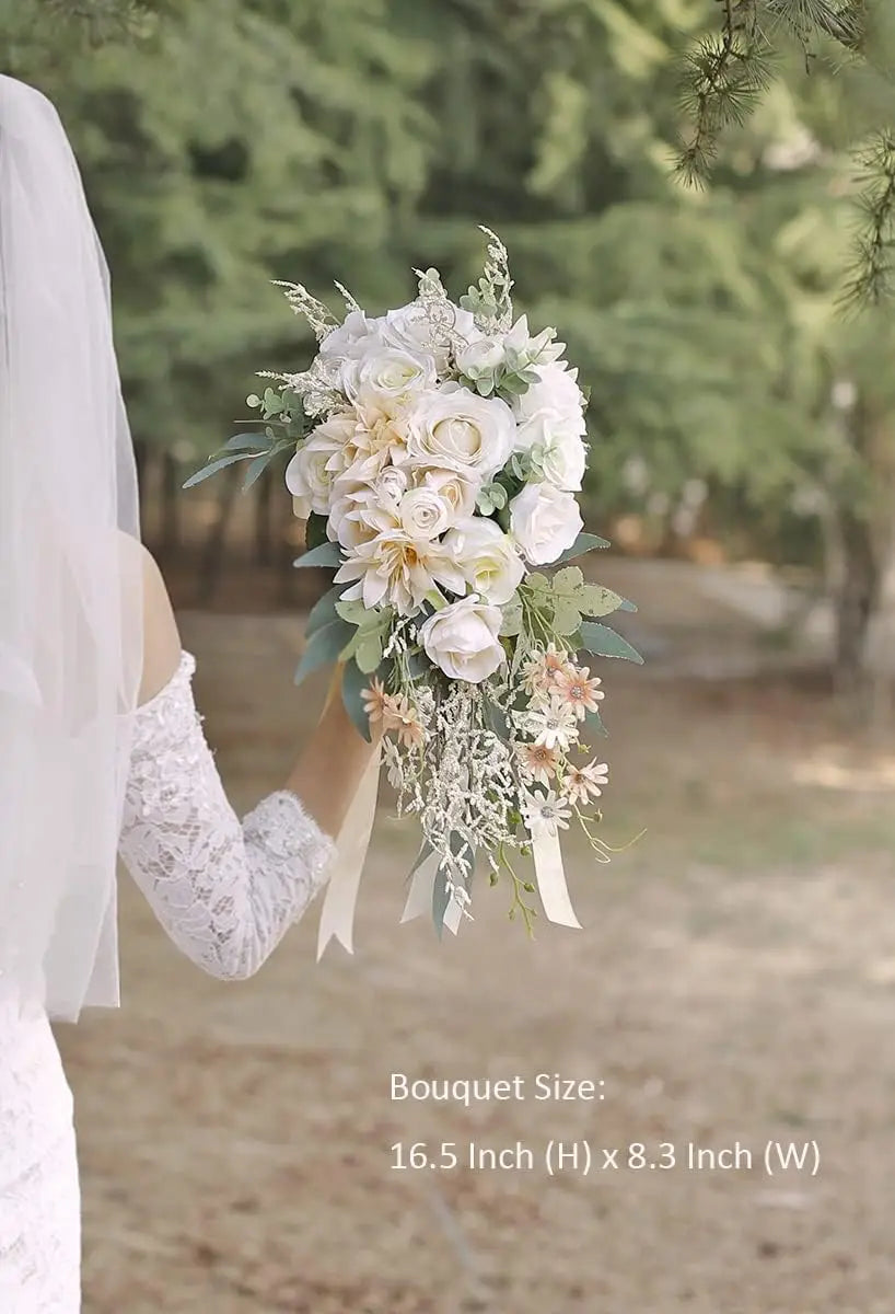 Beige Silk Rose Bridal Bouquet For Rustic Boho Wedding Decor
