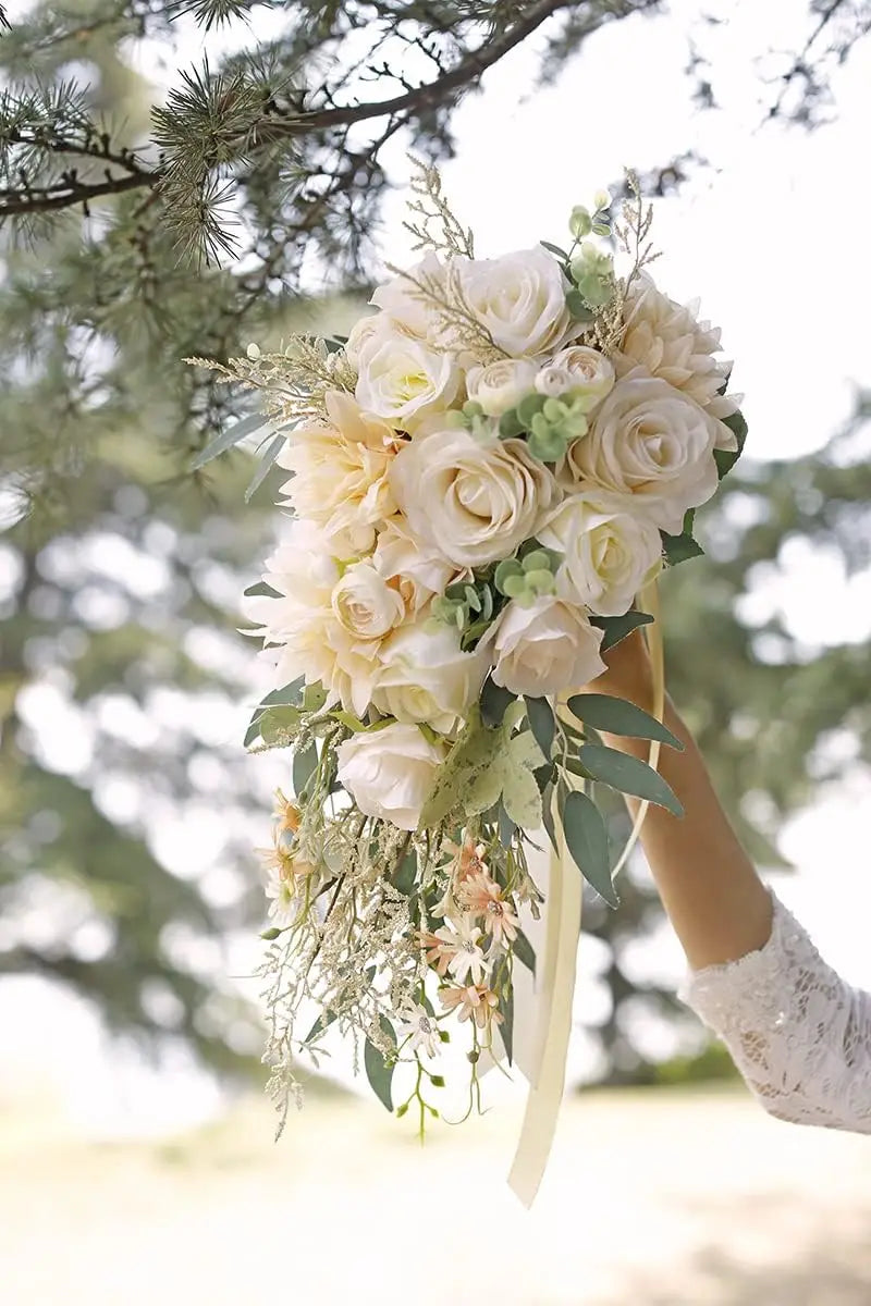 Beige Silk Rose Bridal Bouquet For Rustic Boho Wedding Decor