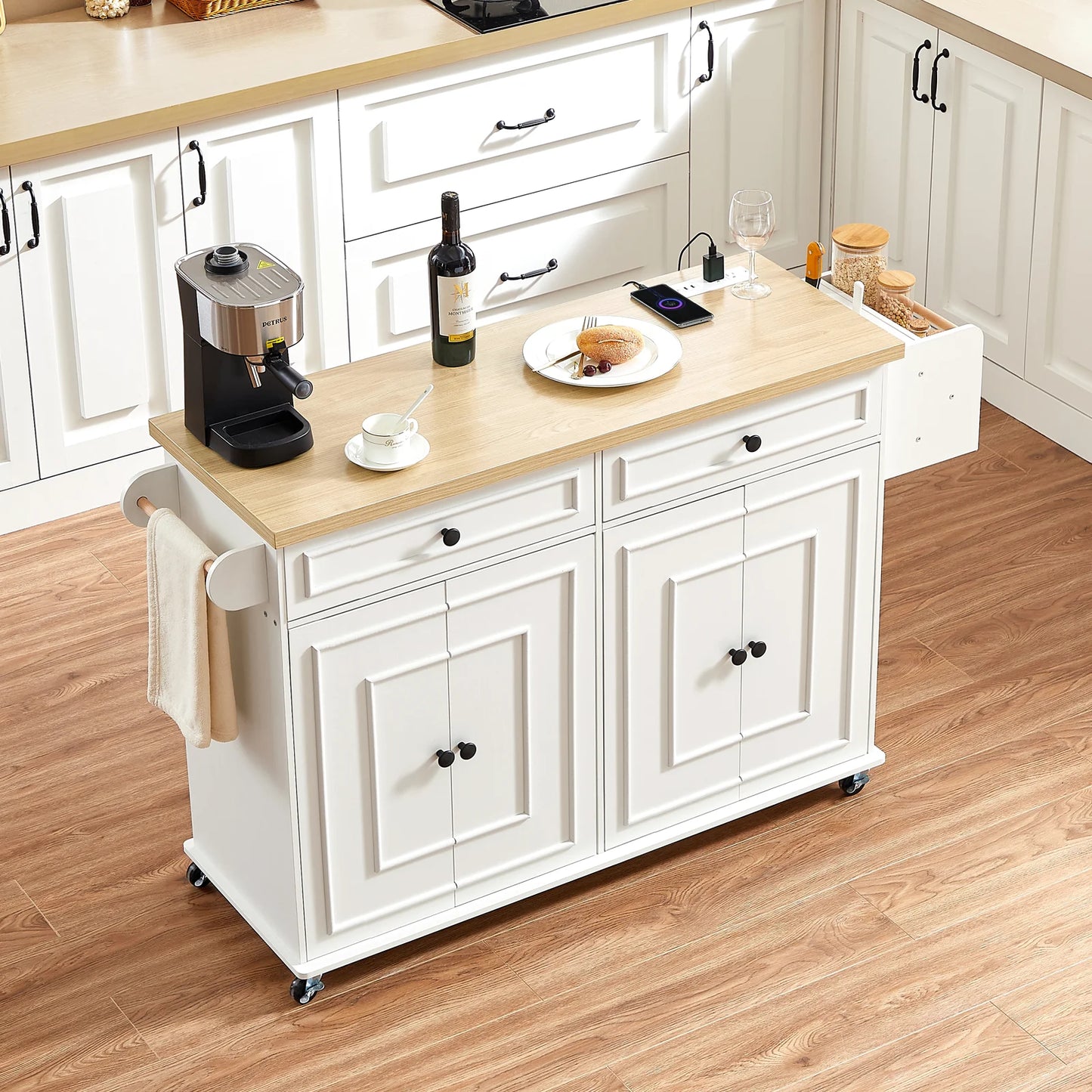 Mobile Kitchen Island Cart With Drop Leaf And Power Outlet