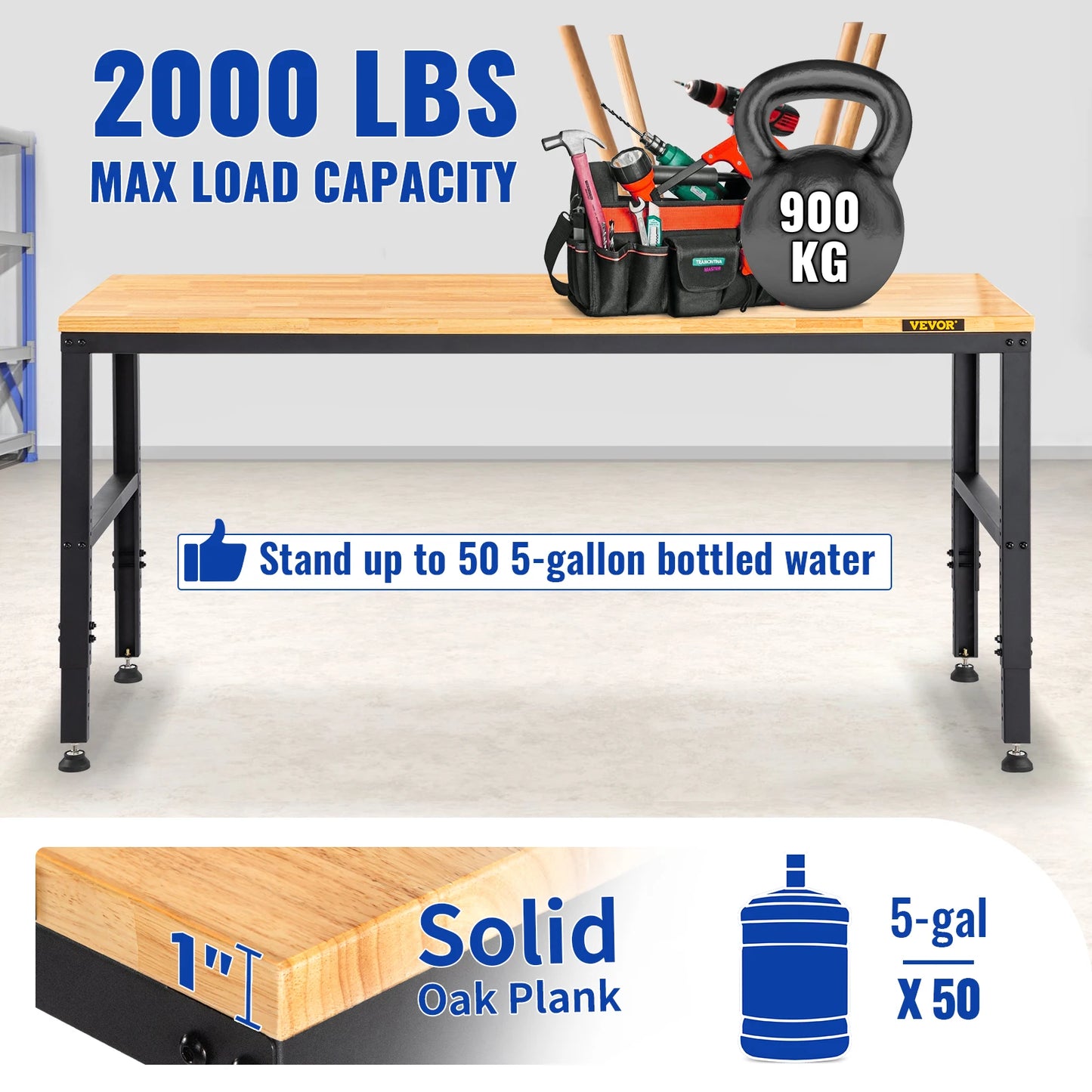 Woodworking Workbench With Adjustable Height Oak Wood Top