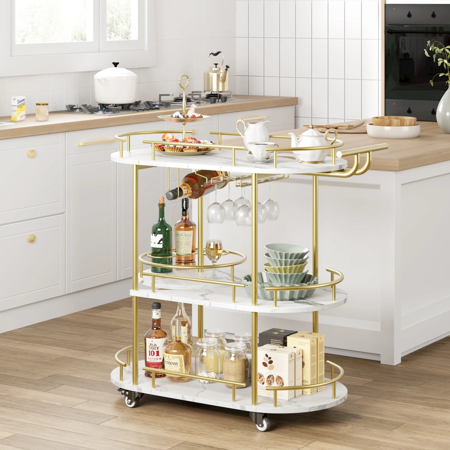Twister Gold Bar Cart With 4-Tier Storage Glass Holder