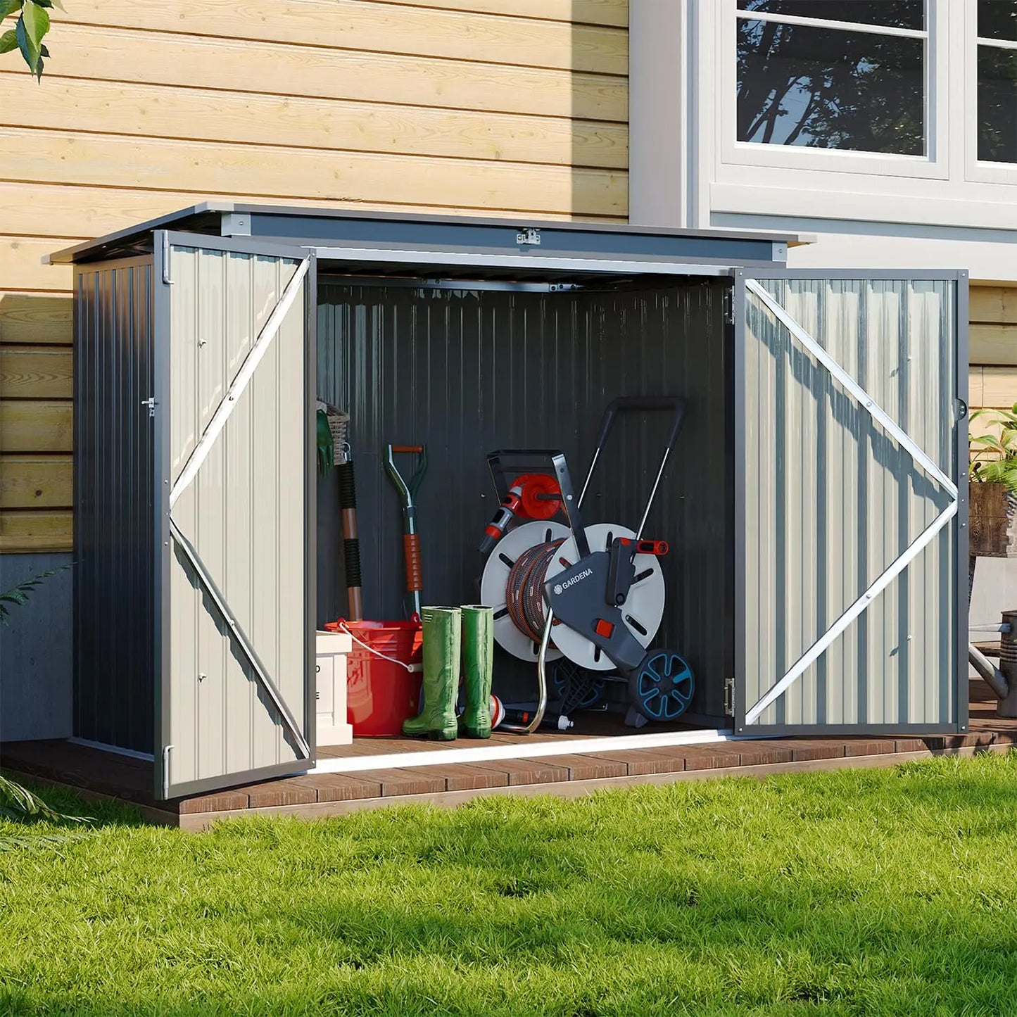 Metal Outdoor Storage Shed With Chain Lid For 2 Bins