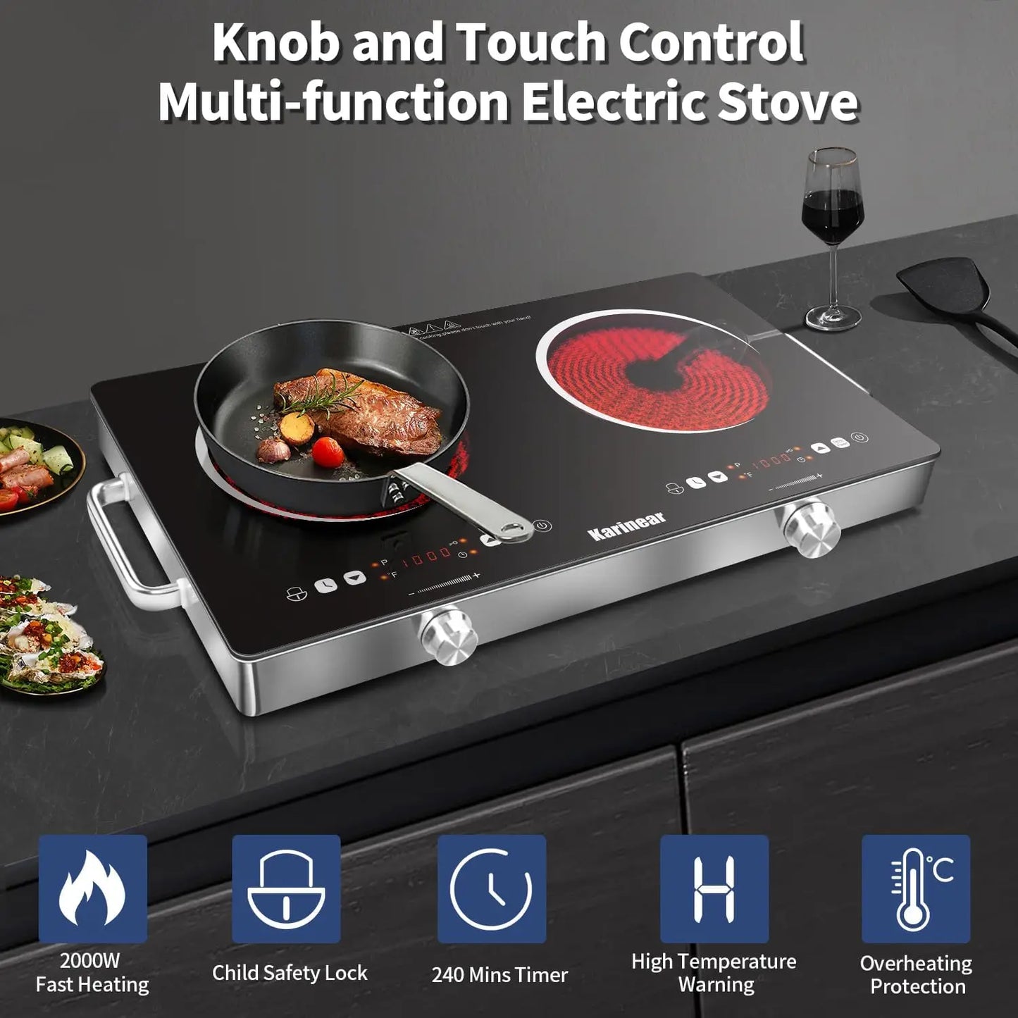 Karinear Ceramic Hob Dual Zone 3200W Plug-In Electric Cooker