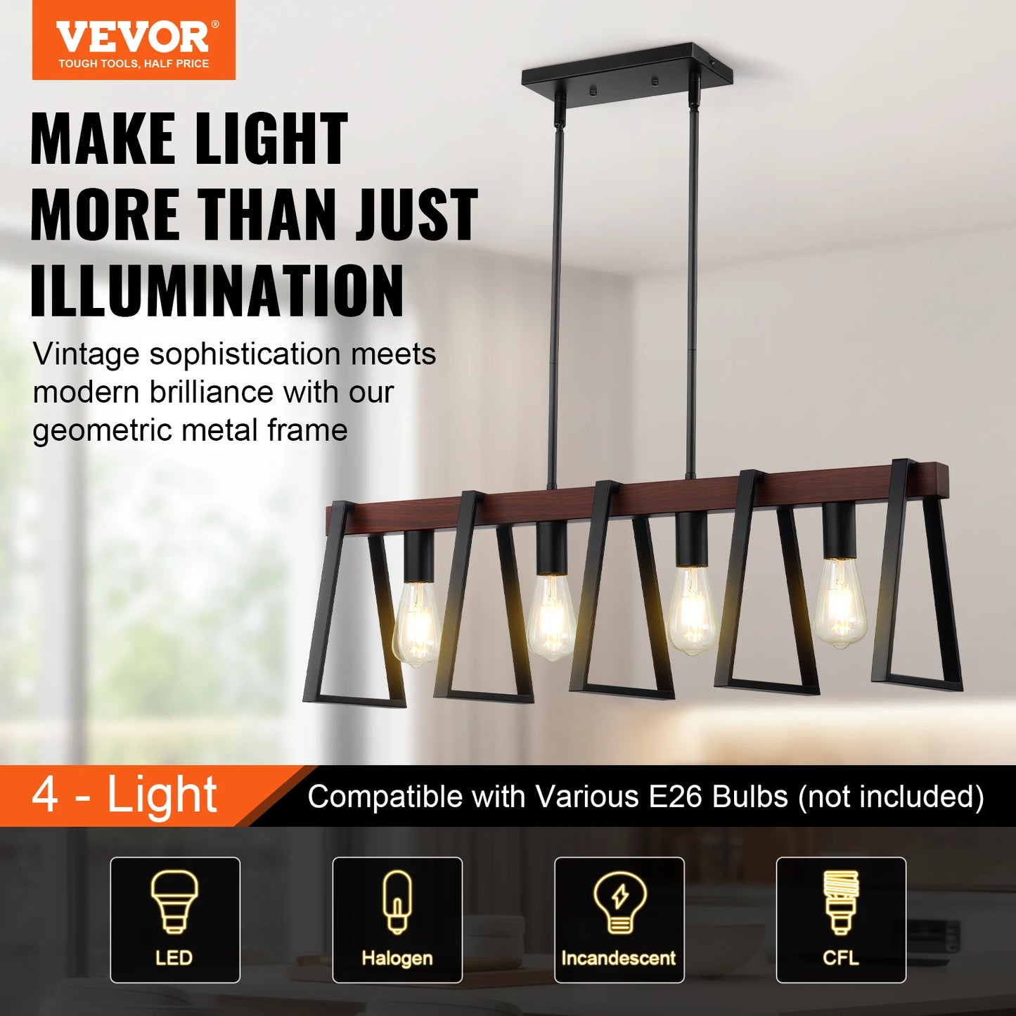 4-Light Kitchen Island Pendant Lights Industrial Metal Frame