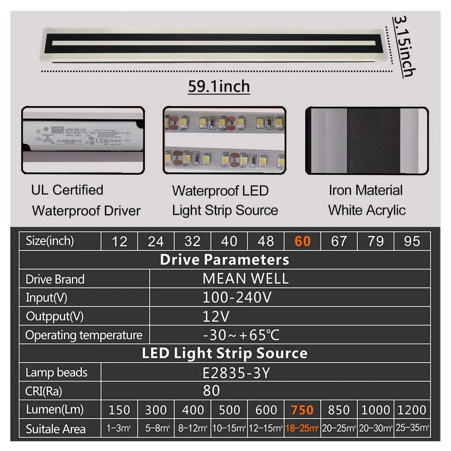 Outdoor LED Wall Sconce Long Strip Light Modern IP67 Frosted Acrylic