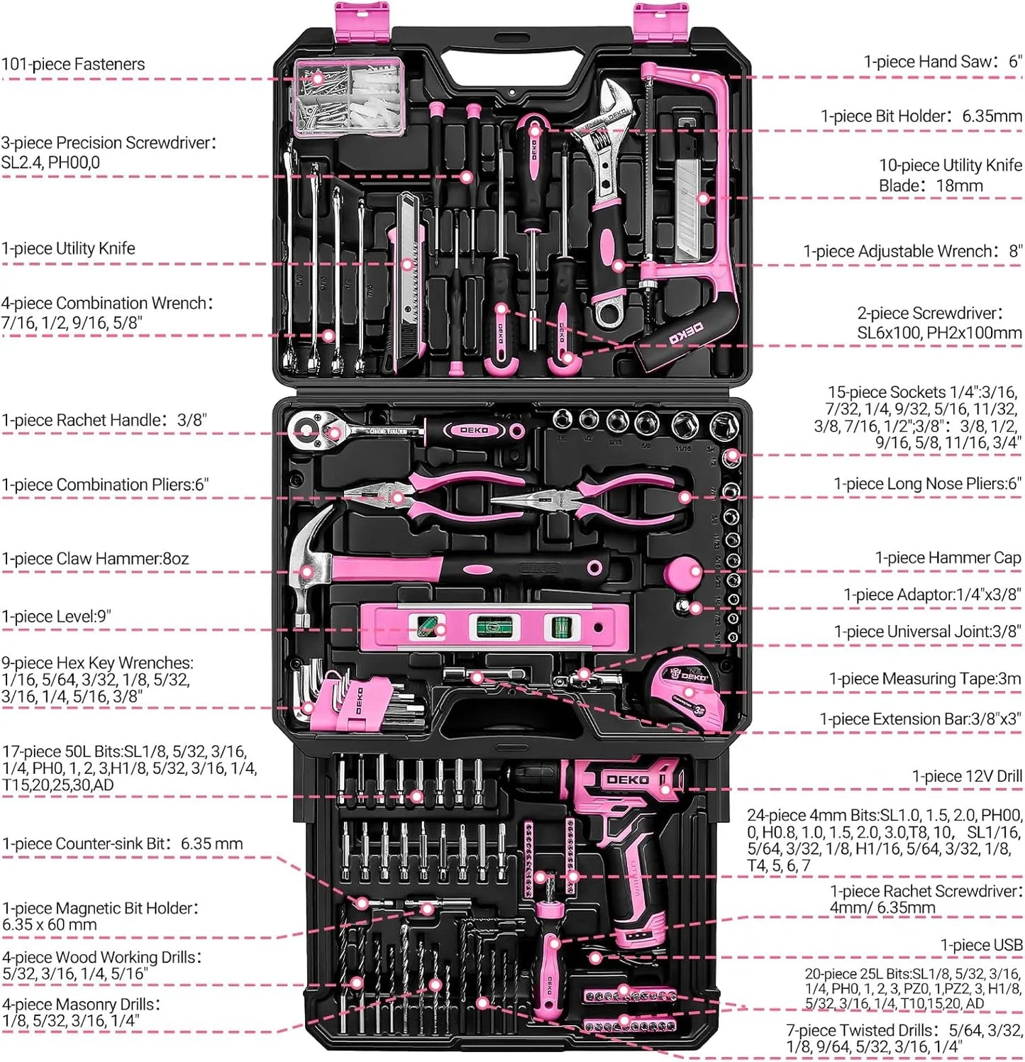 DEKO Home Mechanic Toolbox With 12V Cordless Drill Set