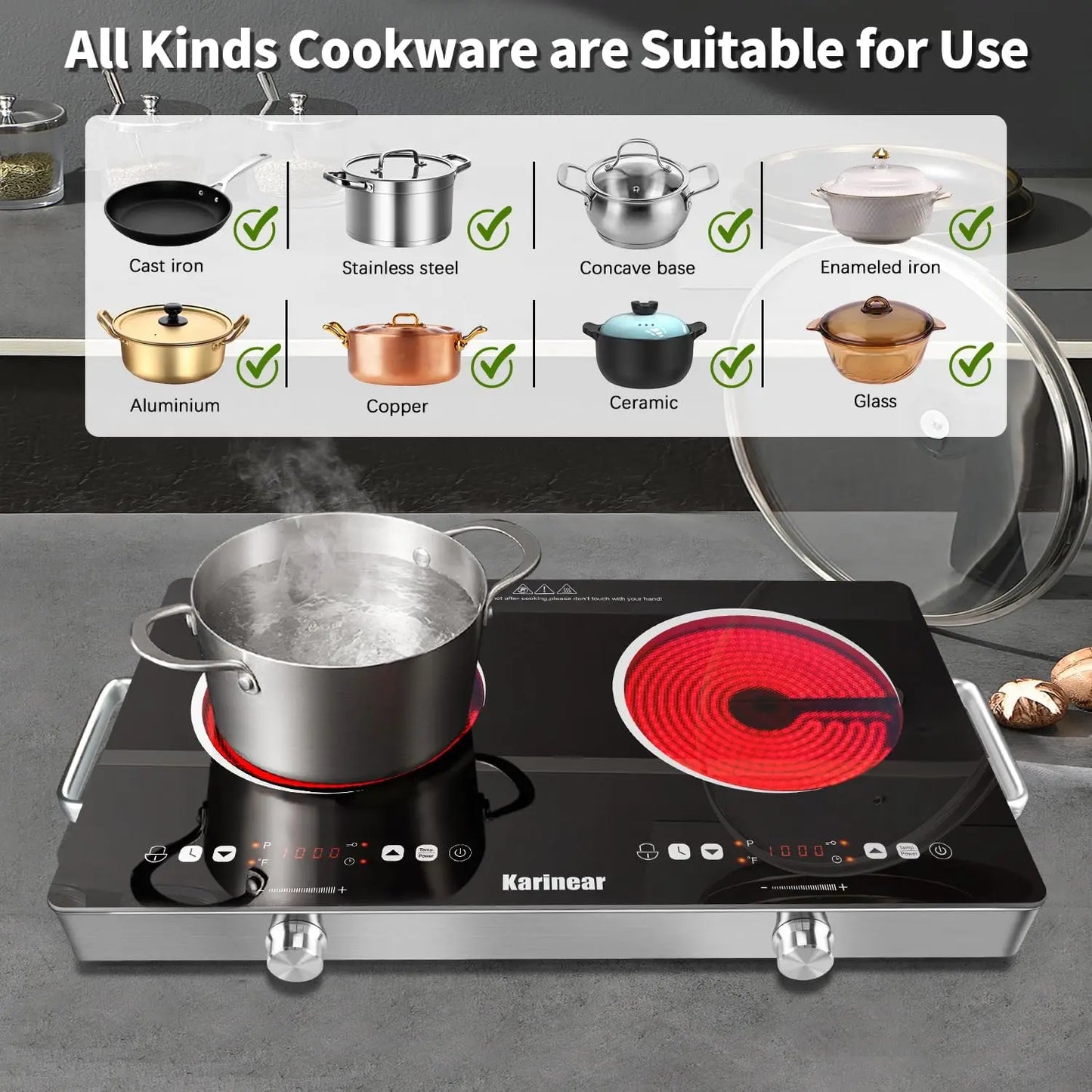Karinear Ceramic Hob Dual Zone 3200W Plug-In Electric Cooker
