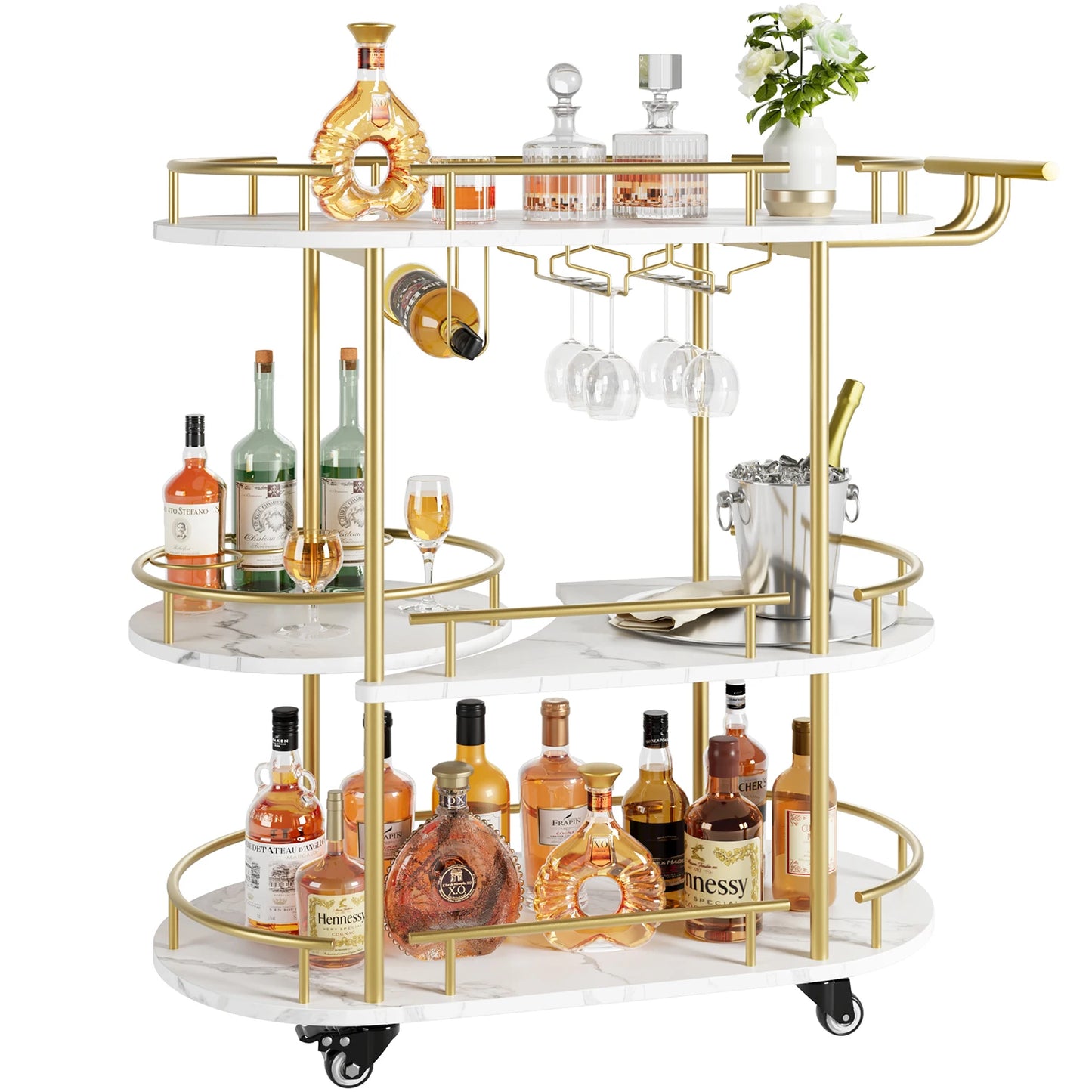 Twister Gold Bar Cart With 4-Tier Storage Glass Holder