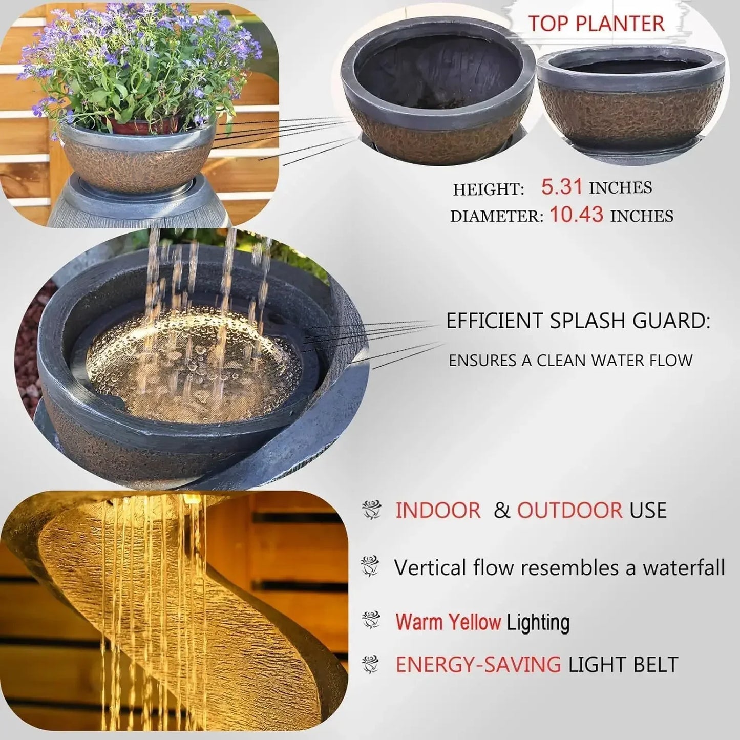 S-Shaped Outdoor Water Fountain With LED Lights And Planter Bowl