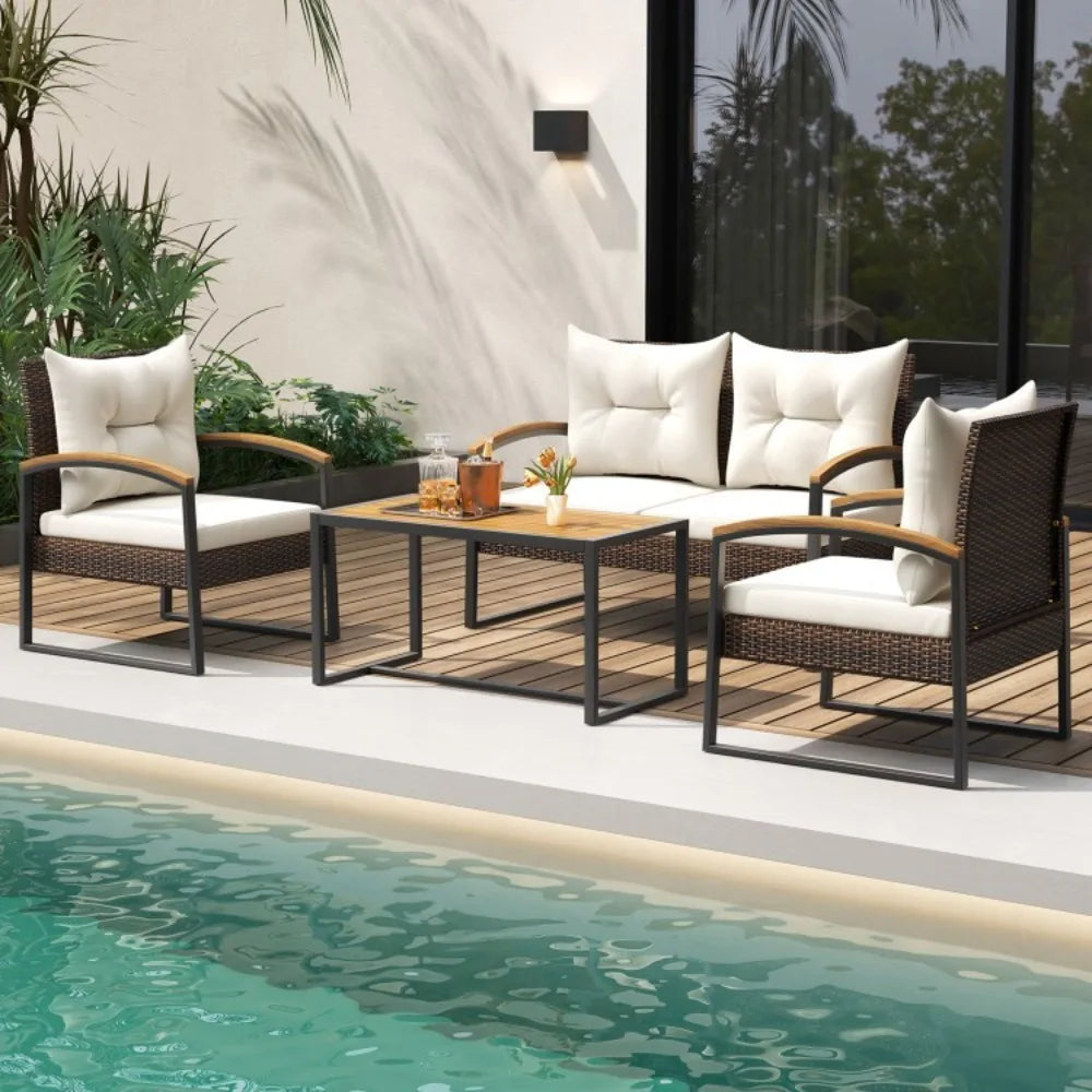 4PCS Patio Outdoor Furniture Rattan Conversation Sofa Set w/Tabletop & Cushions