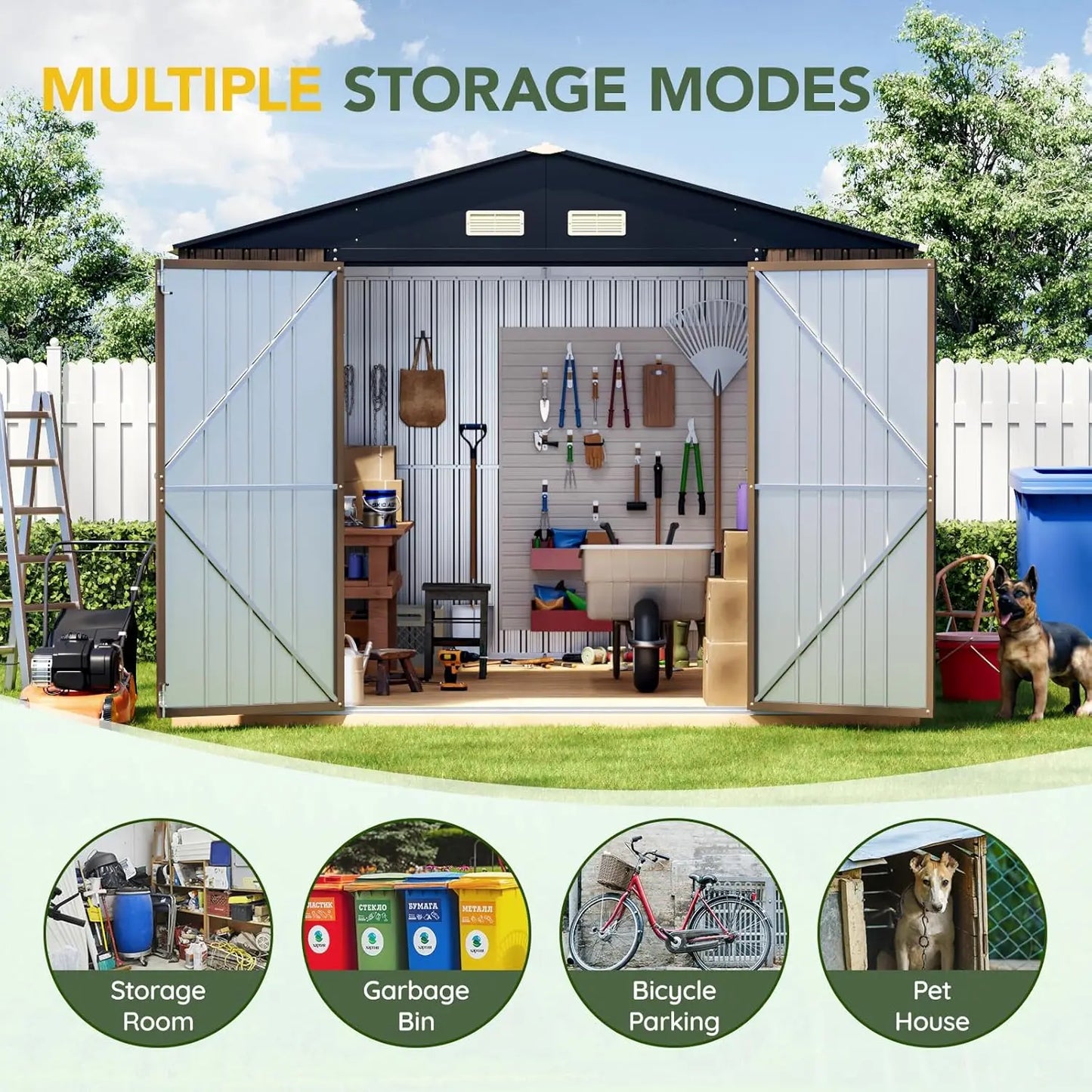 Outdoor Metal Storage Shed With Lockable Doors And Windows