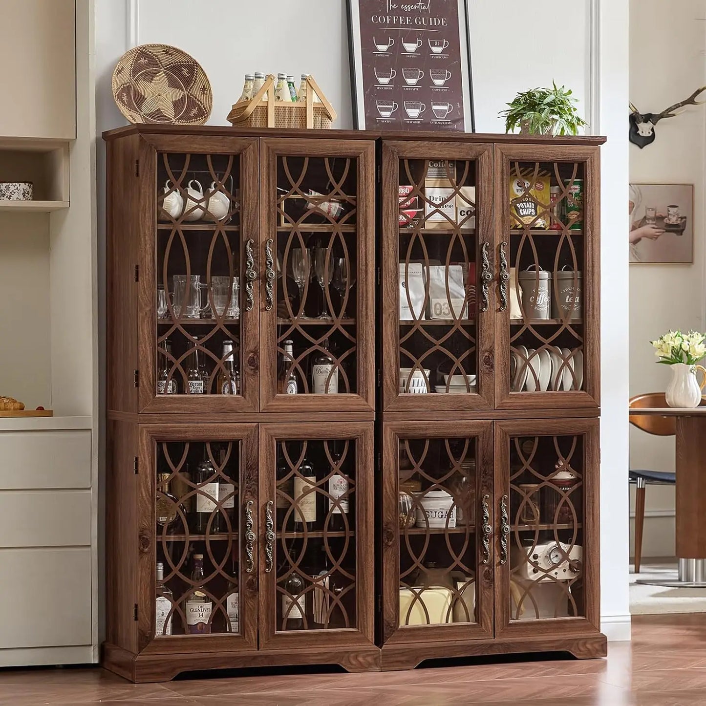 HUANZHUANG Set of 2 Wood Pantry Cabinets With Glass Doors