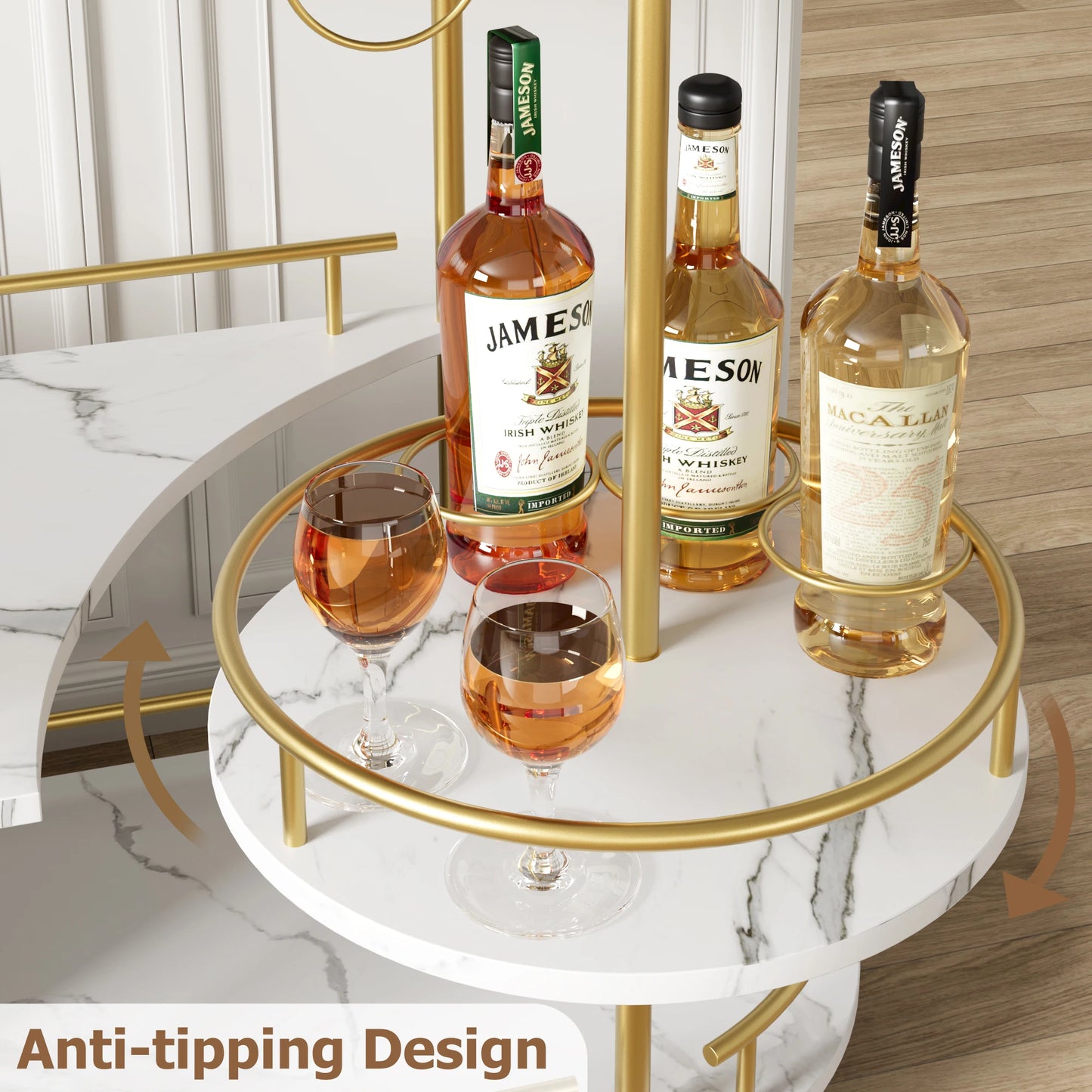 Twister Gold Bar Cart With 4-Tier Storage Glass Holder