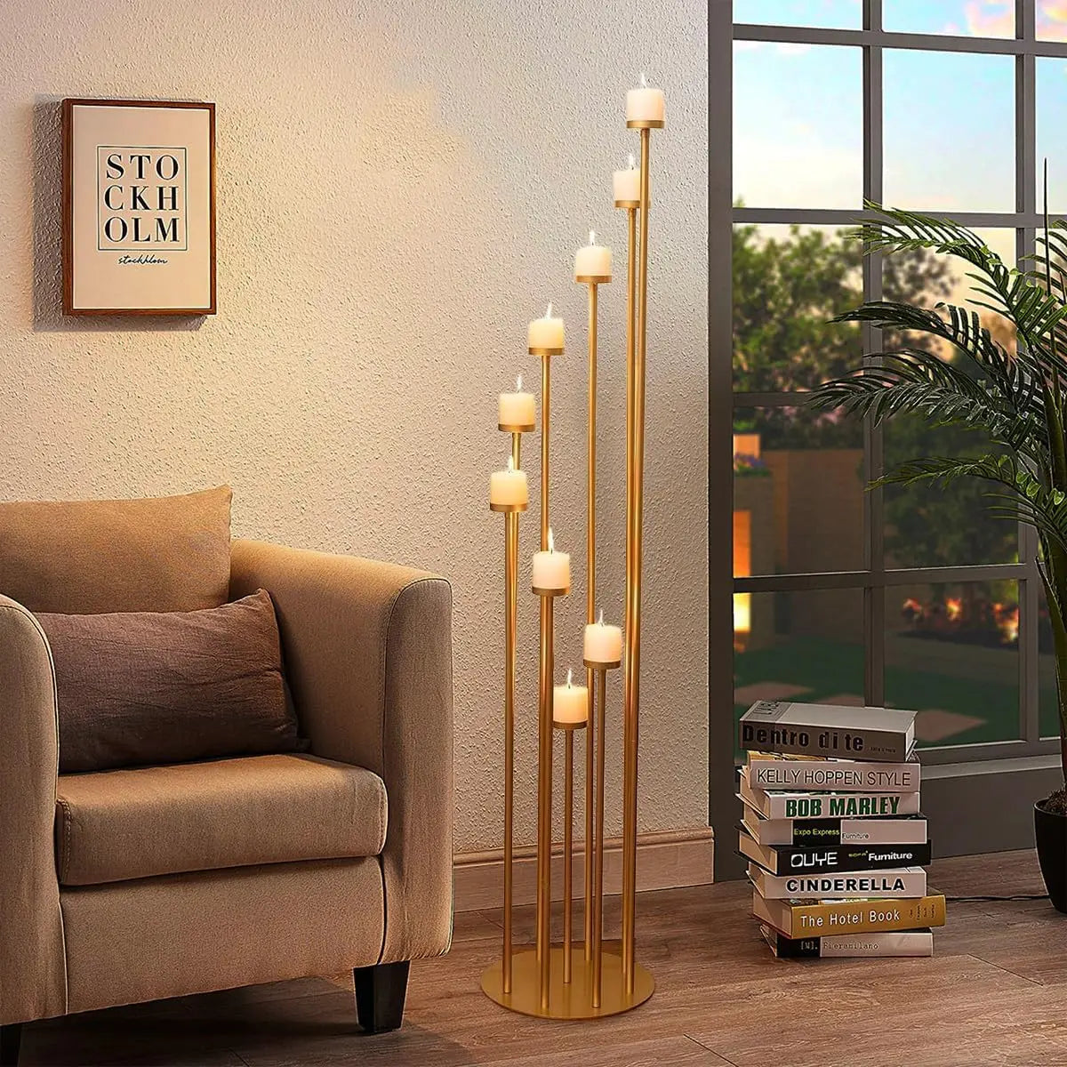 4pcs 9 Arm Candelabra Floor Candle Holders Tall Set for Wedding Aisle Decoration,Gold Candelabras for Fireplace