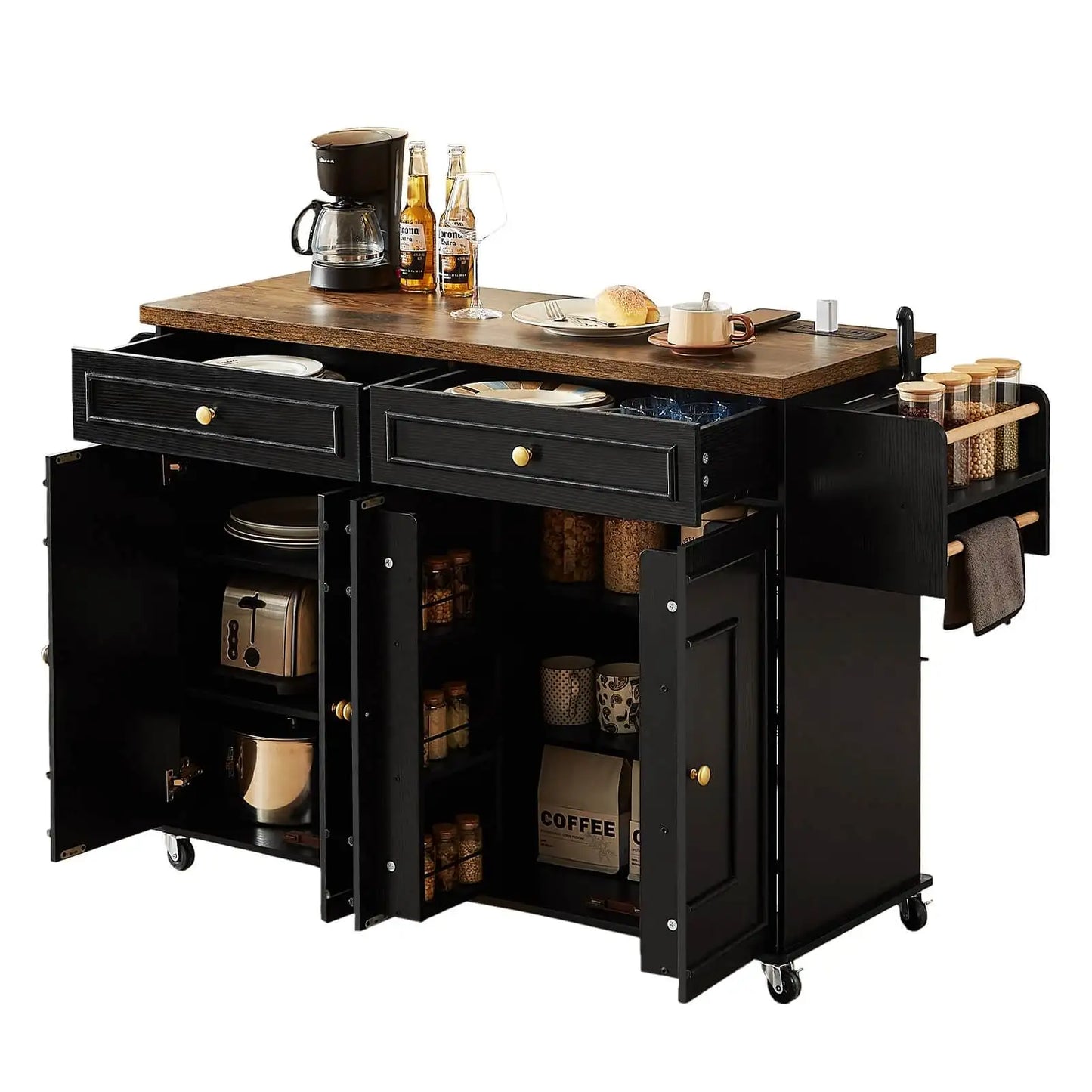 Mobile Kitchen Island Cart With Drop Leaf And Power Outlet