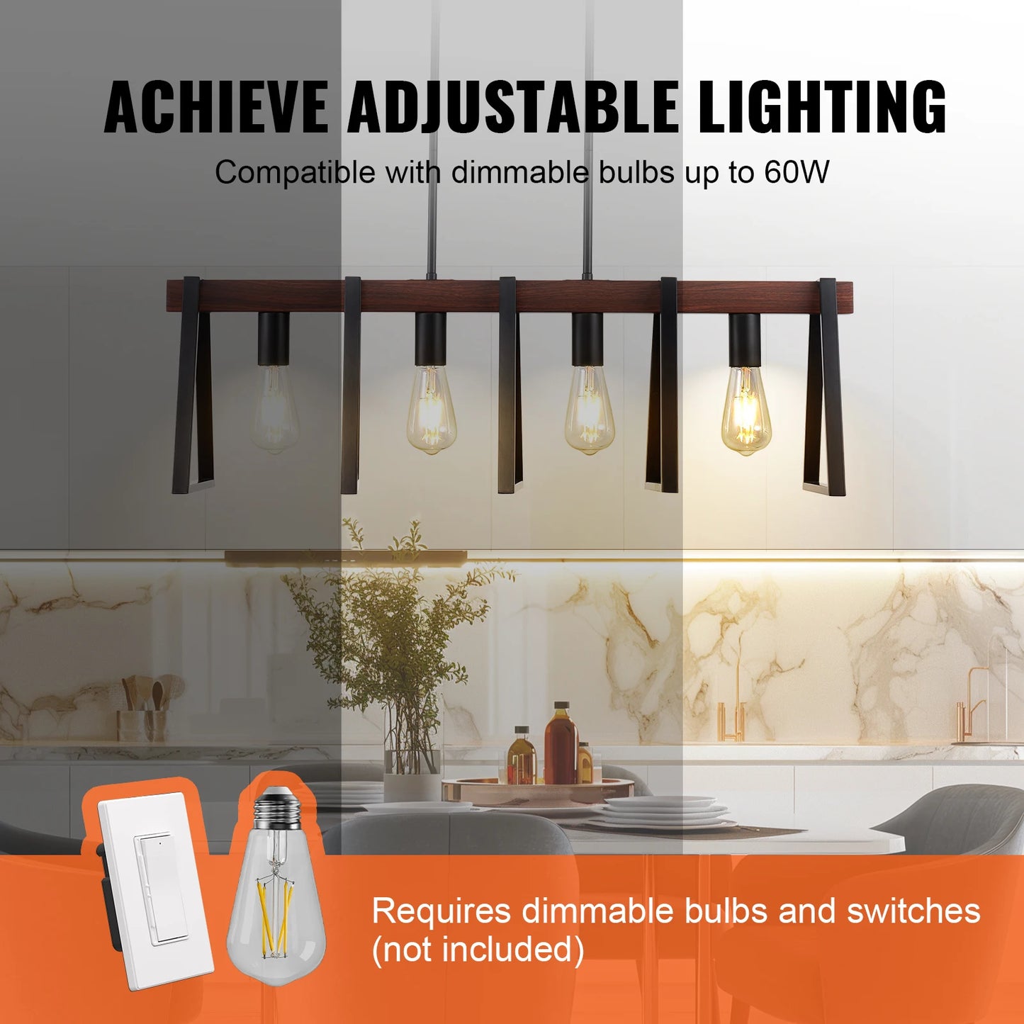 4-Light Kitchen Island Pendant Lights Industrial Metal Frame