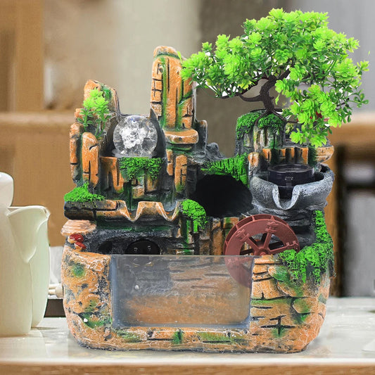Modern Hand-Painted Resin Rock Fountain with LED Lights & Mist Maker, Indoor Tabletop Waterfall Decor Atomizer, 4-Color Changing