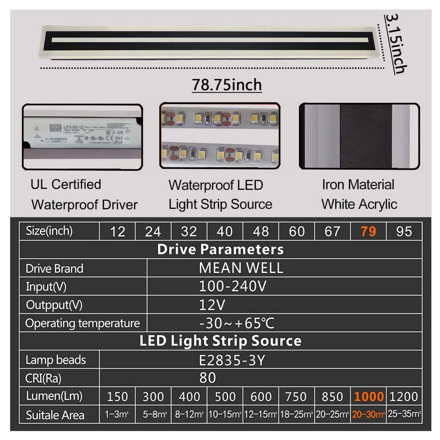 Outdoor LED Wall Sconce Long Strip Light Modern IP67 Frosted Acrylic