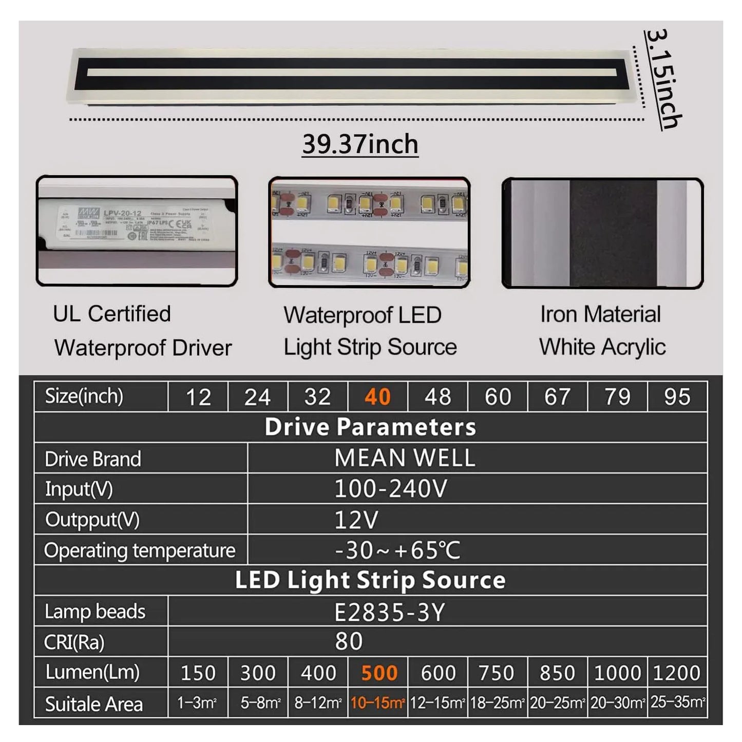 Outdoor LED Wall Sconce Long Strip Light Modern IP67 Frosted Acrylic