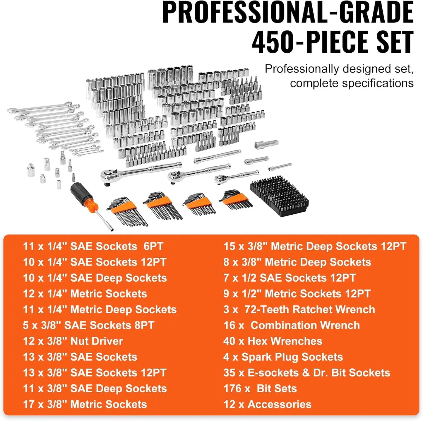 Mechanics Tool Set and Socket Kit 450 Pcs SAE Metric