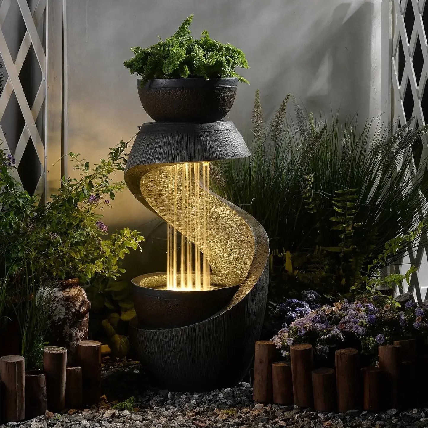 S-Shaped Outdoor Water Fountain With LED Lights And Planter Bowl